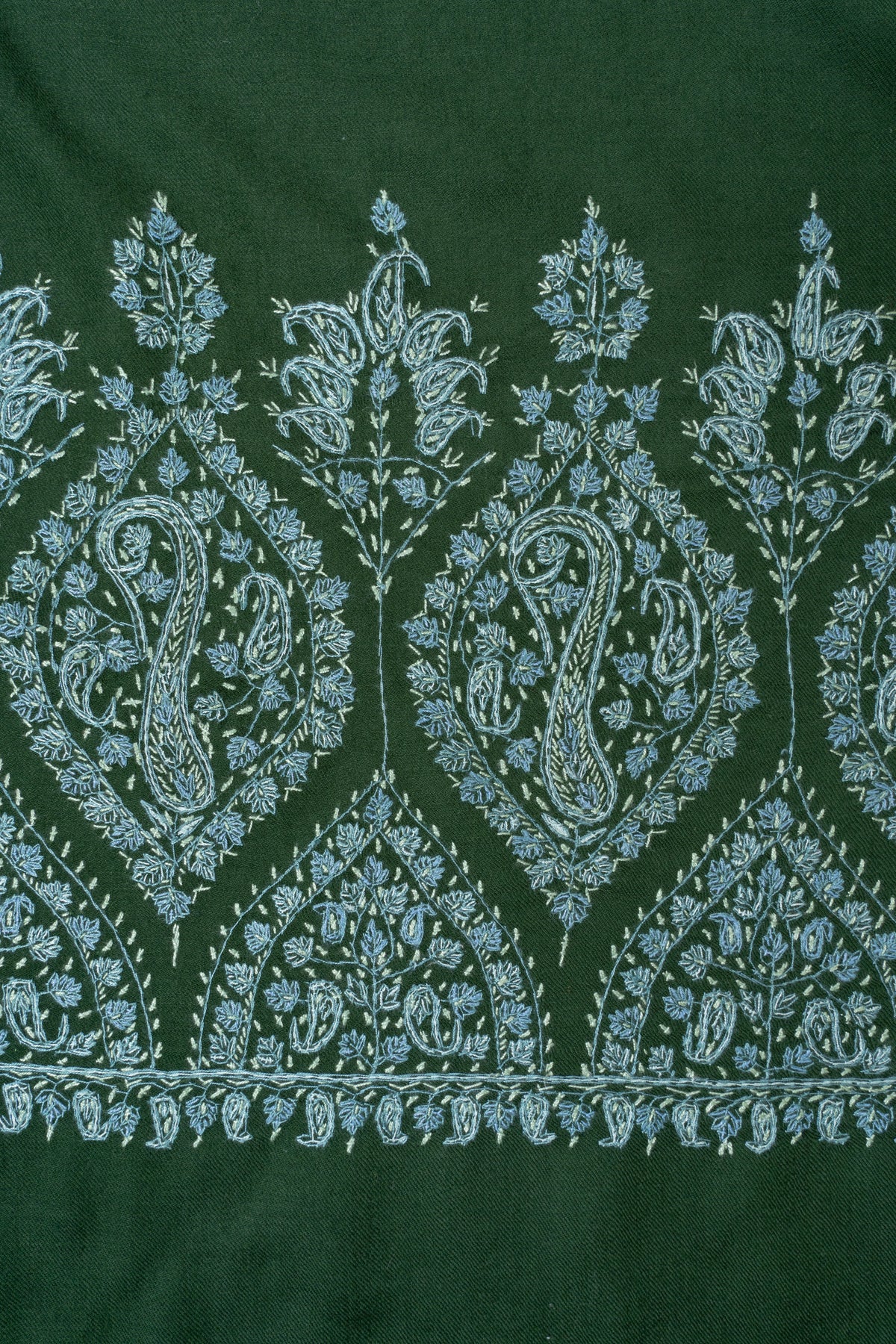 Forest Enchantment Fine Merino Wool Shawl with Ice Blue Sozni Hand Embroidered Paisley Borders