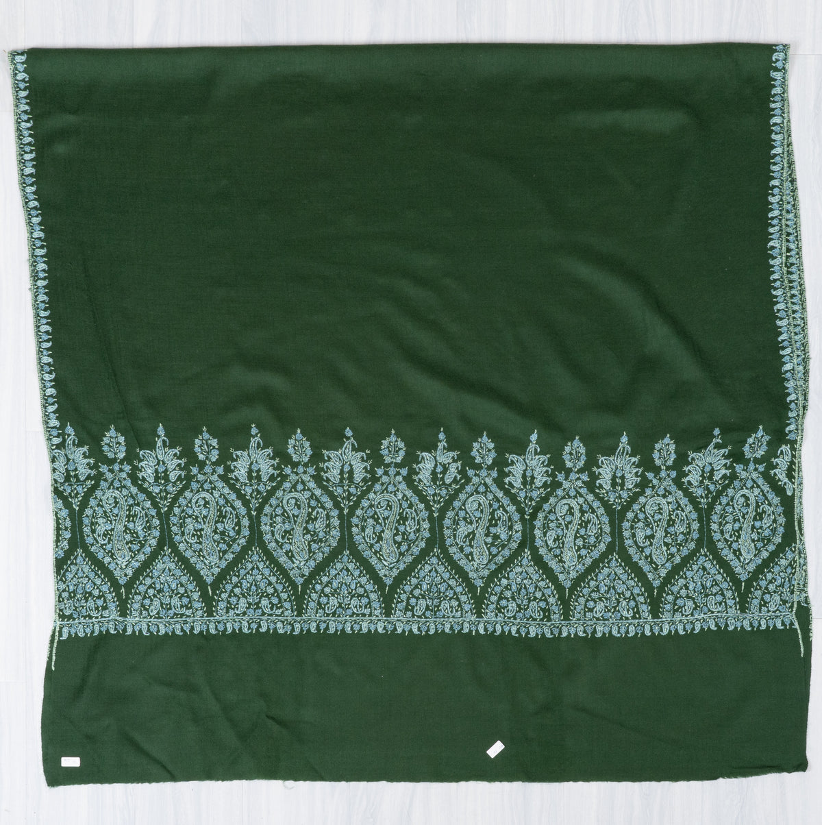 Forest Enchantment Fine Merino Wool Shawl with Ice Blue Sozni Hand Embroidered Paisley Borders