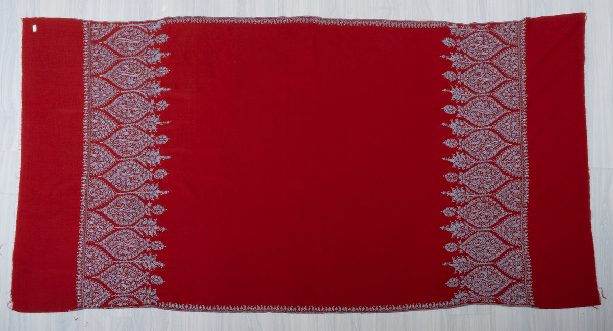 Scarlet Silver Garden Fine Merino Wool Shawl with Sozni Hand Embroidered Floral Paisley Border