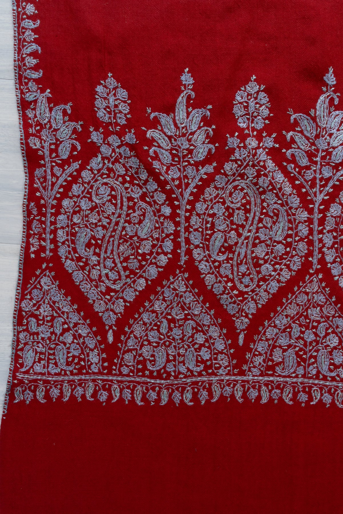 Scarlet Silver Garden Fine Merino Wool Shawl with Sozni Hand Embroidered Floral Paisley Border