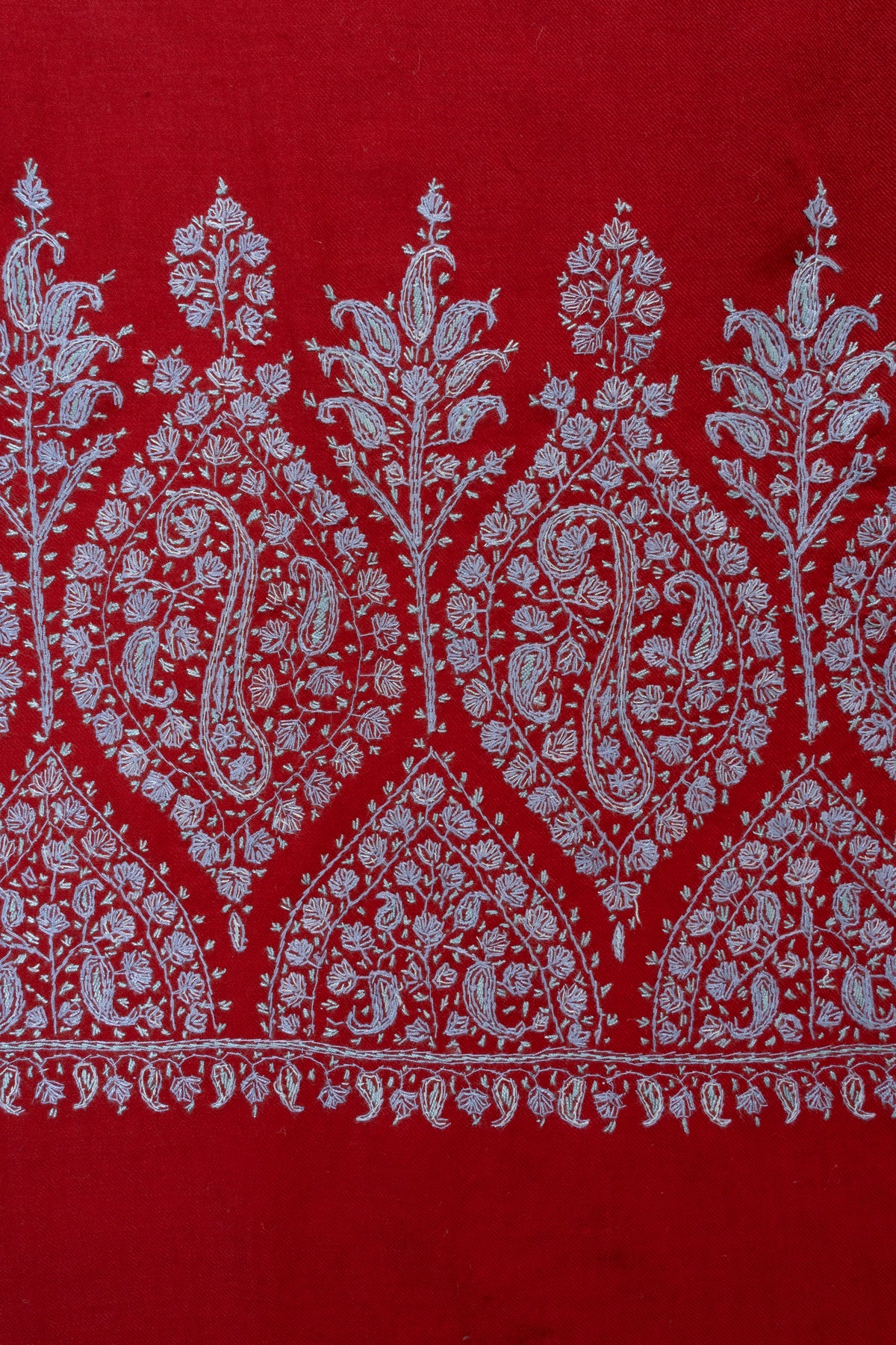 Scarlet Silver Garden Fine Merino Wool Shawl with Sozni Hand Embroidered Floral Paisley Border