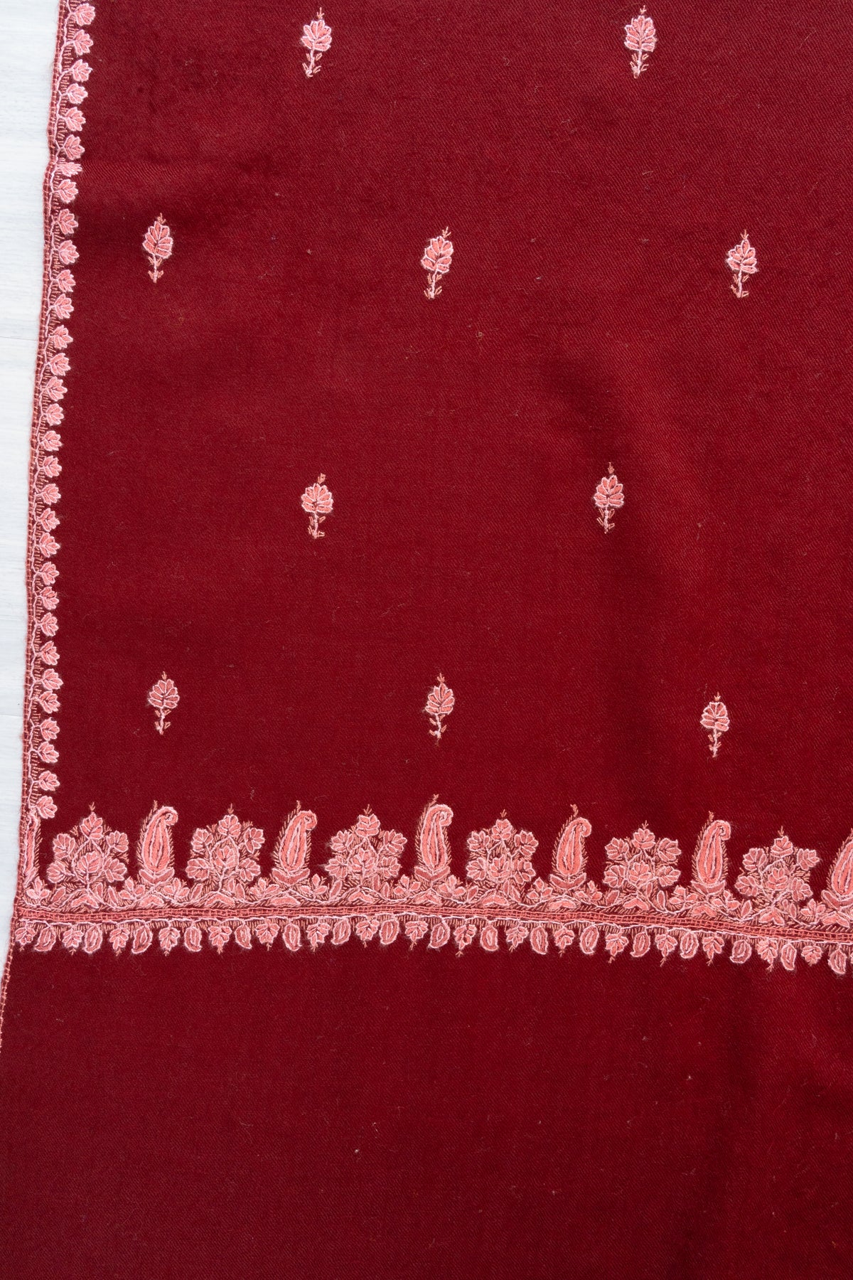 Garnet Blush Fine Merino Wool Shawl with Pink Sozni Hand Embroidered Floral Sprigs