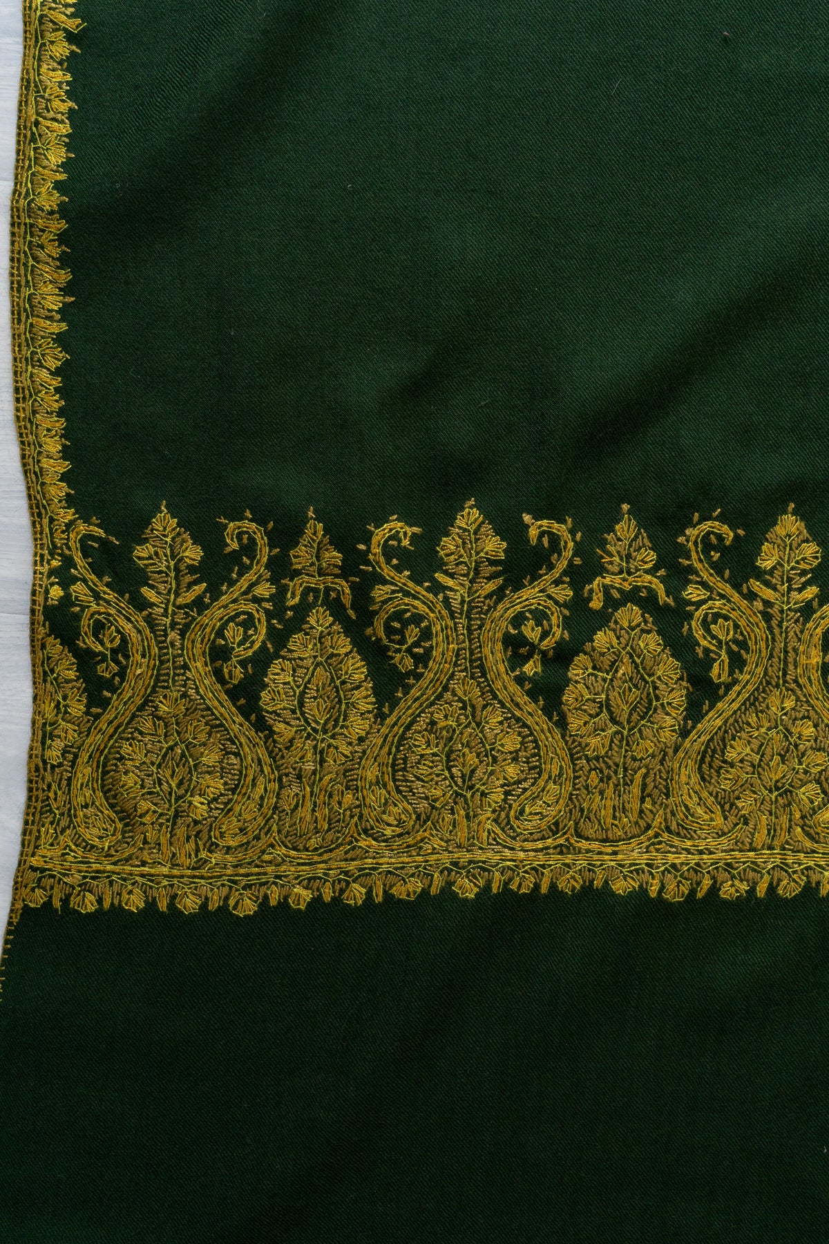 Forest Gold Fine Merino Wool Shawl with Sozni Hand Embroidered Ornamental Border