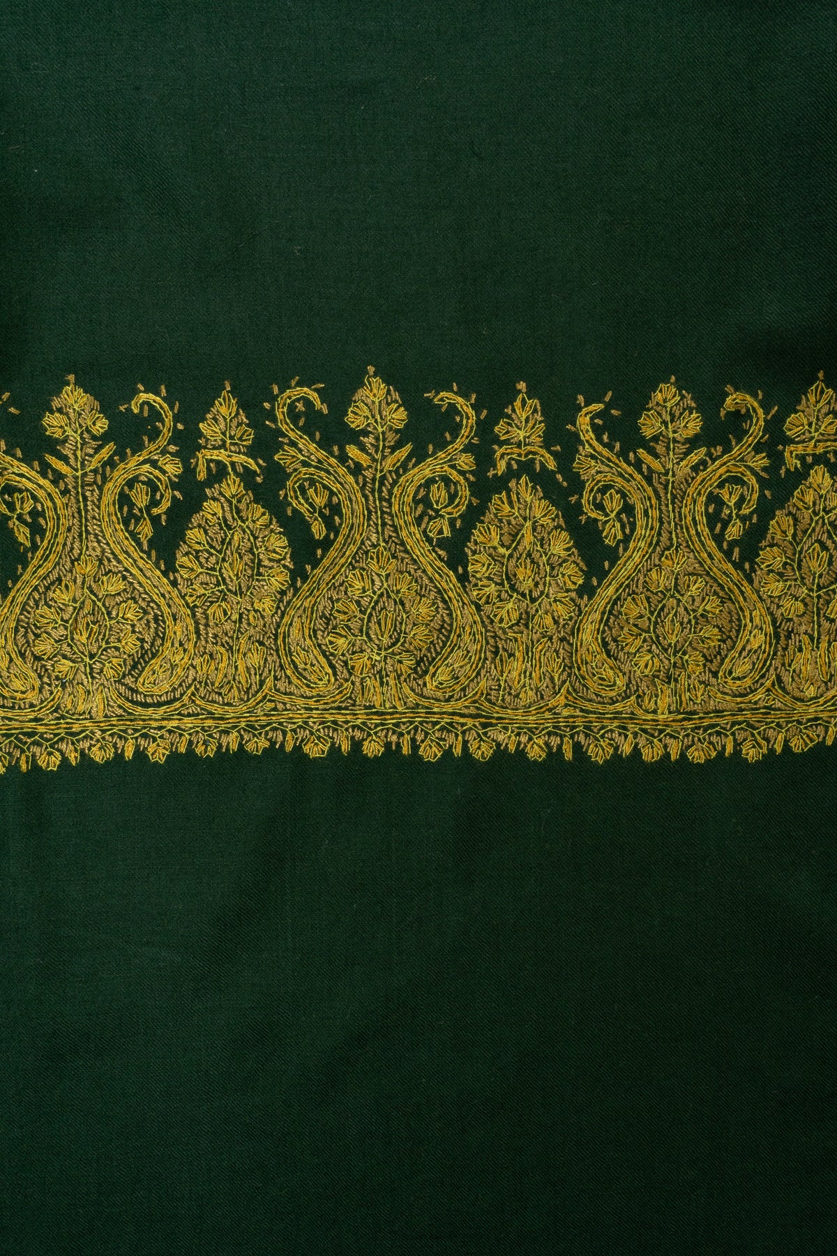 Forest Gold Fine Merino Wool Shawl with Sozni Hand Embroidered Ornamental Border