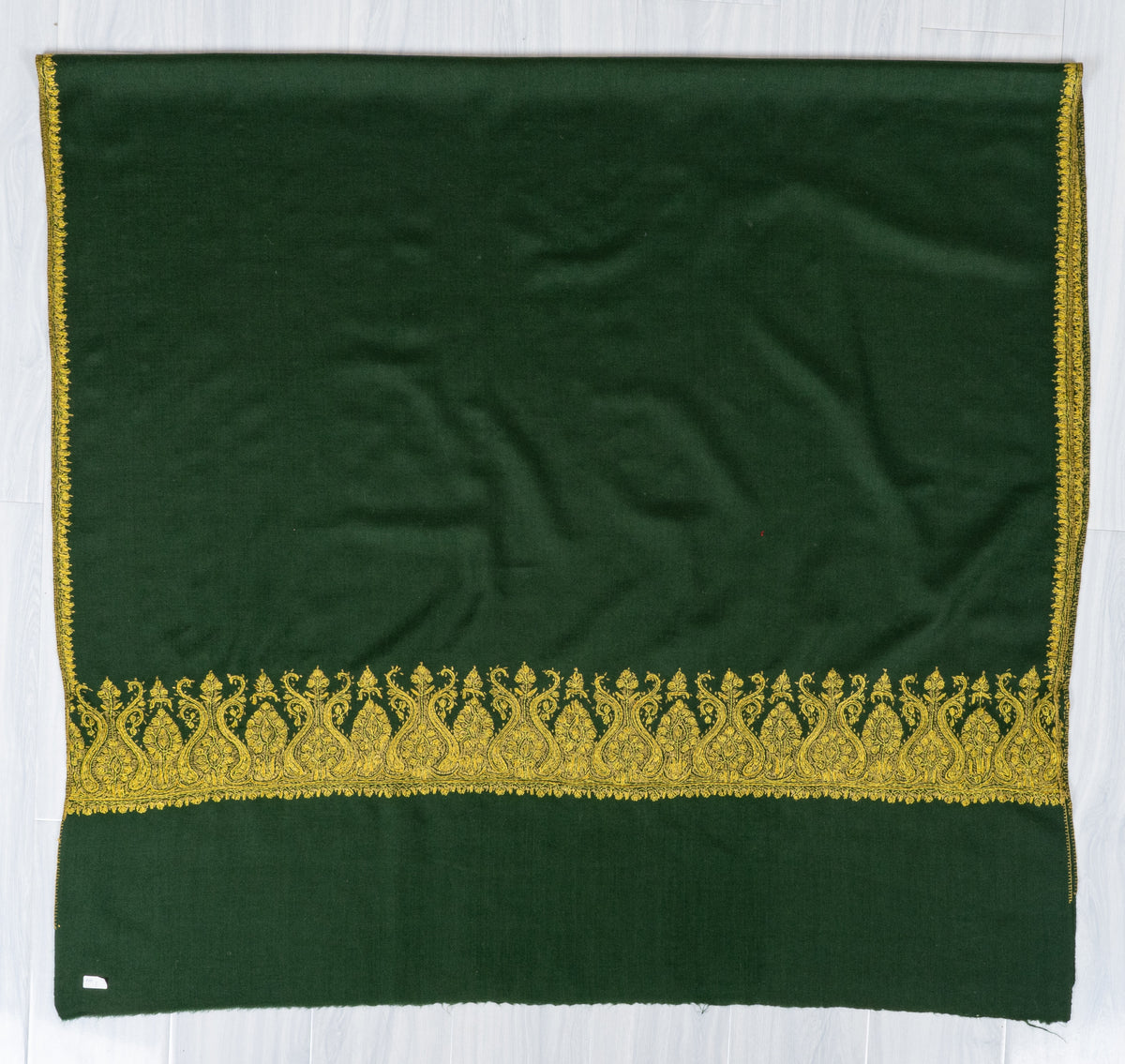 Forest Gold Fine Merino Wool Shawl with Sozni Hand Embroidered Ornamental Border