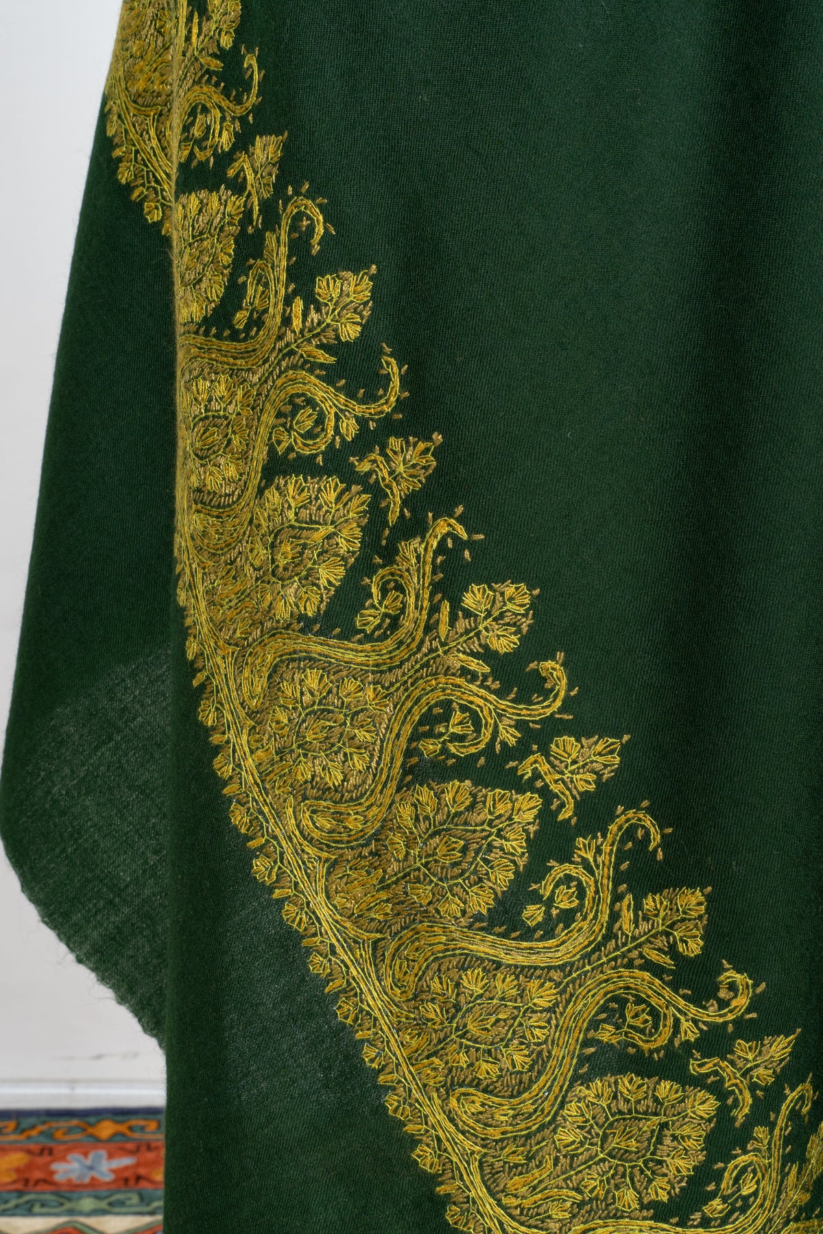 Forest Gold Fine Merino Wool Shawl with Sozni Hand Embroidered Ornamental Border