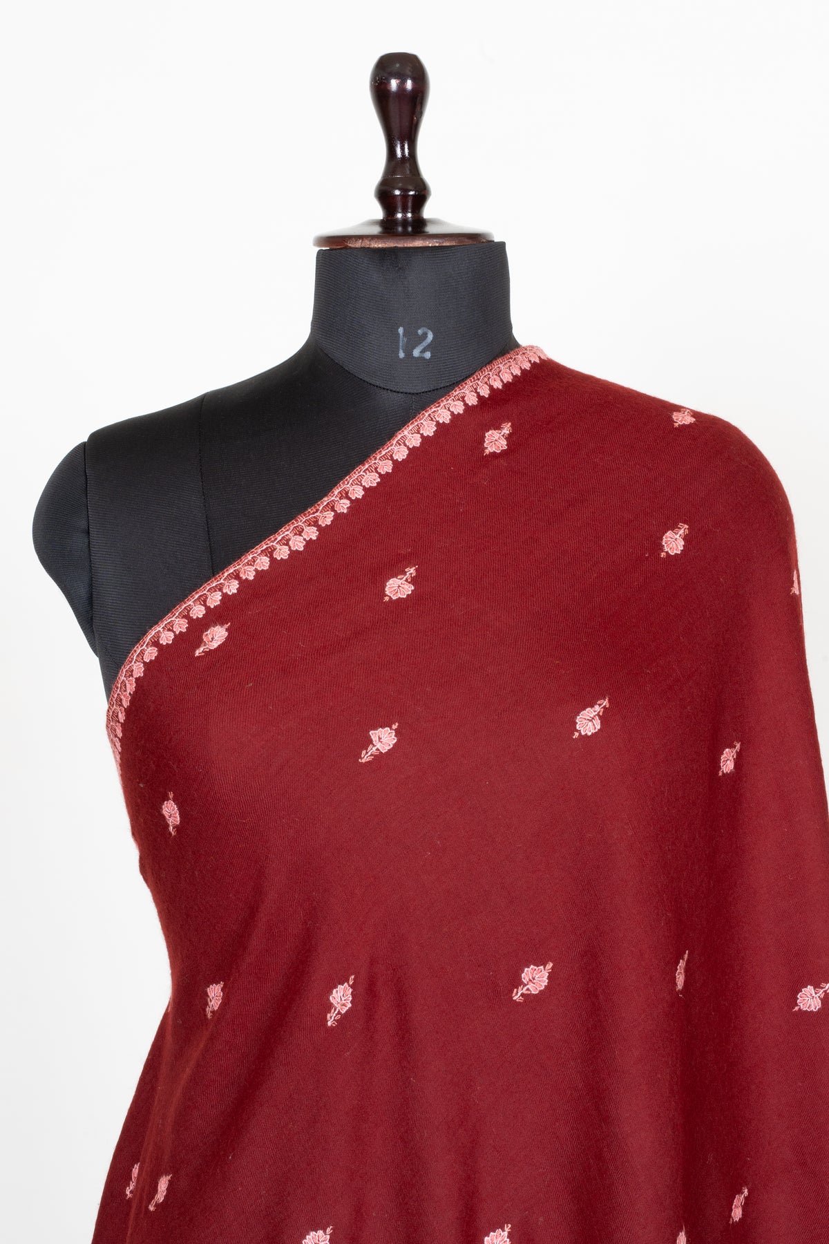 Garnet Blush Fine Merino Wool Shawl with Pink Sozni Hand Embroidered Floral Sprigs