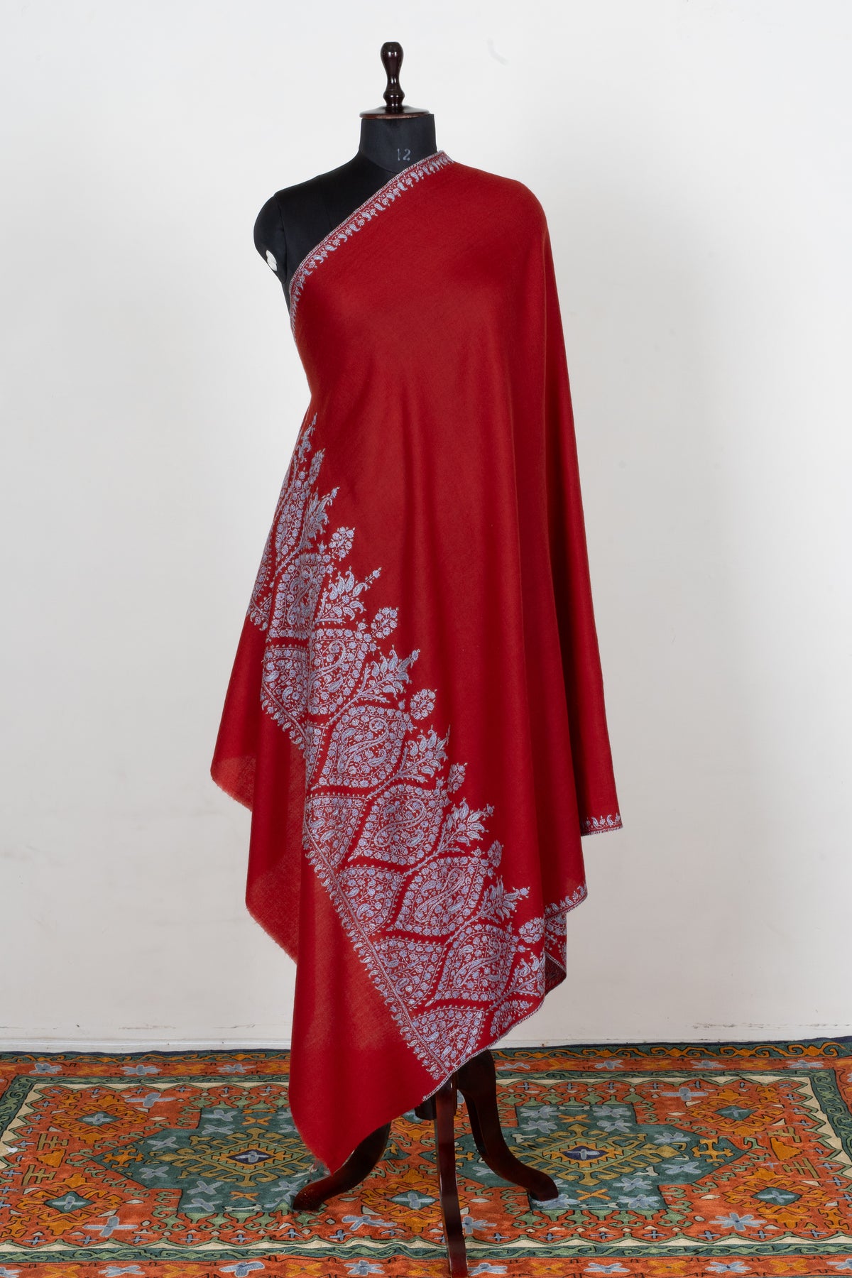 Scarlet Silver Garden Fine Merino Wool Shawl with Sozni Hand Embroidered Floral Paisley Border