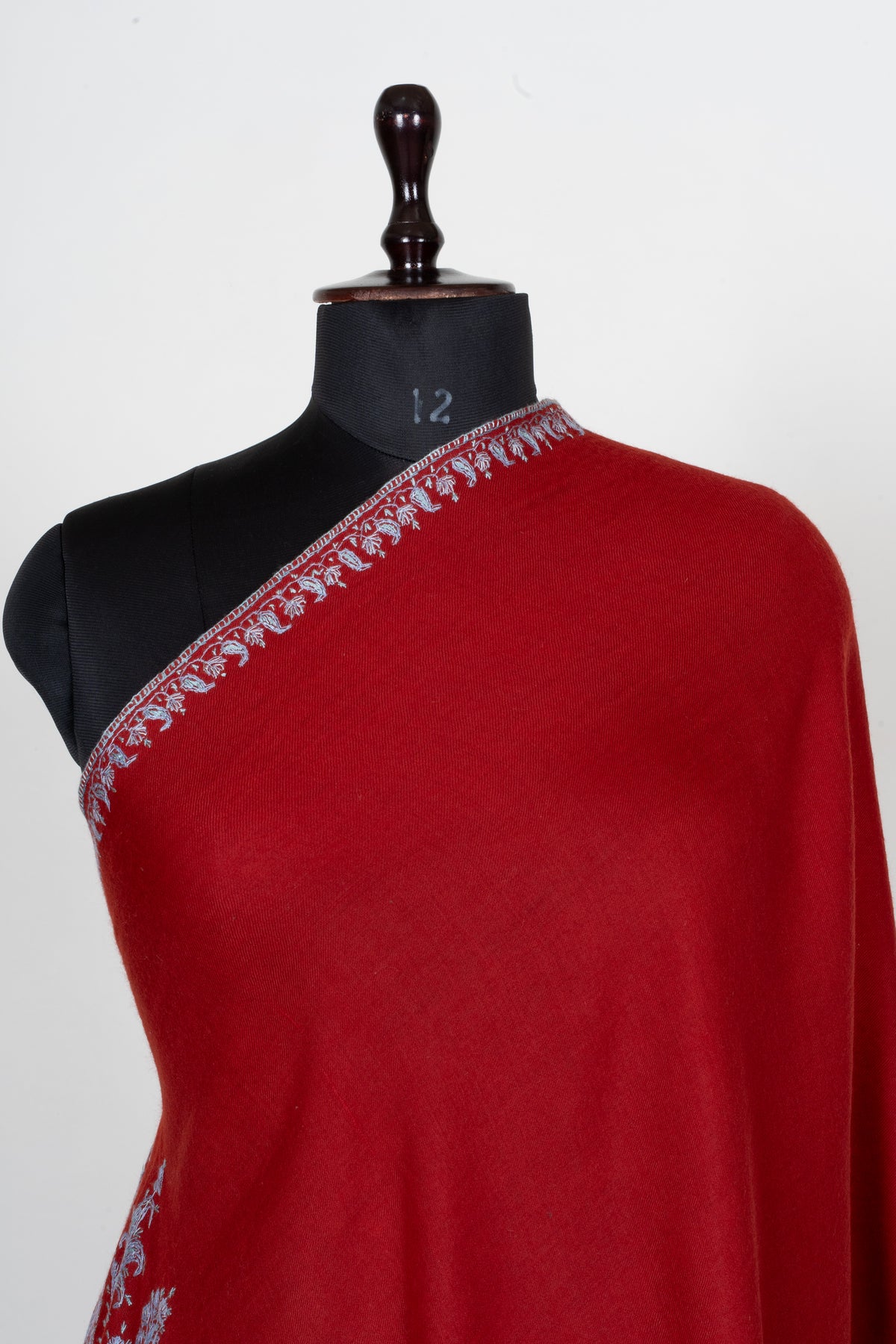 Scarlet Silver Garden Fine Merino Wool Shawl with Sozni Hand Embroidered Floral Paisley Border