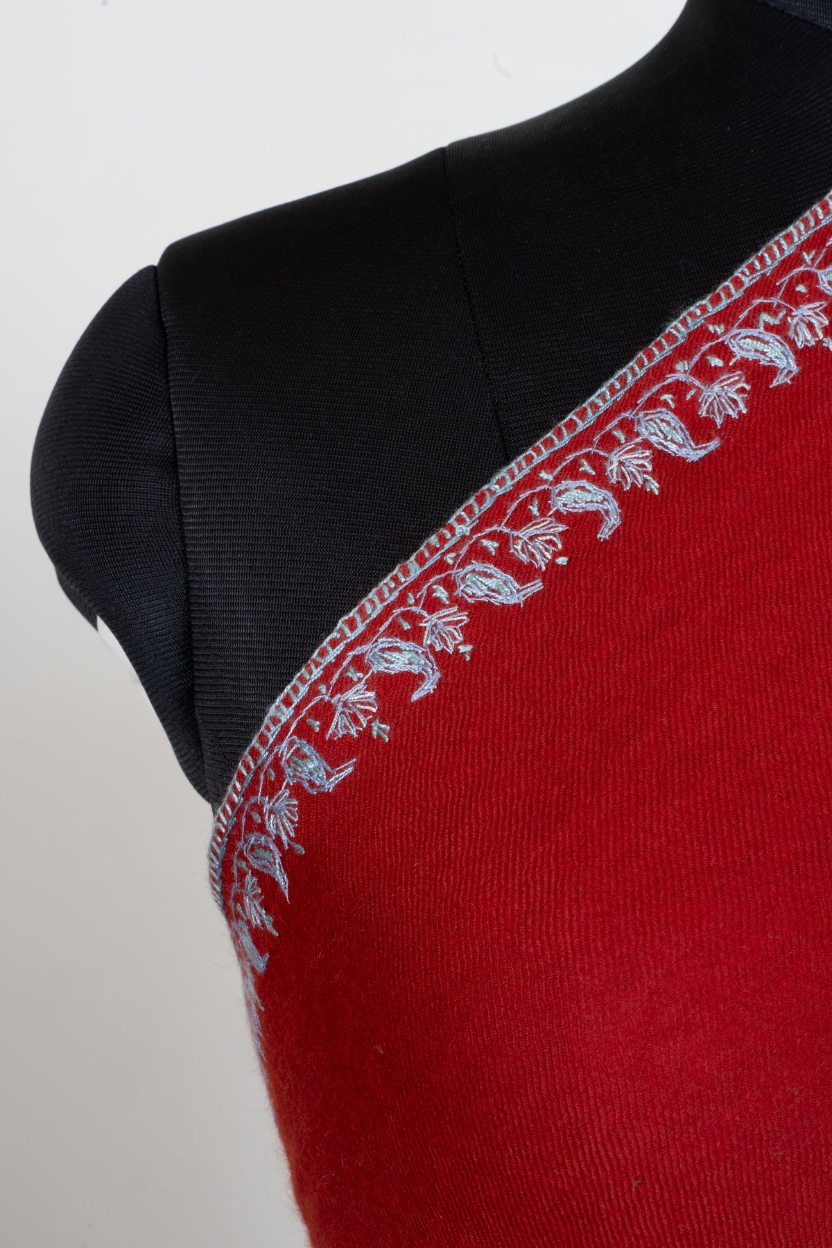 Scarlet Silver Garden Fine Merino Wool Shawl with Sozni Hand Embroidered Floral Paisley Border