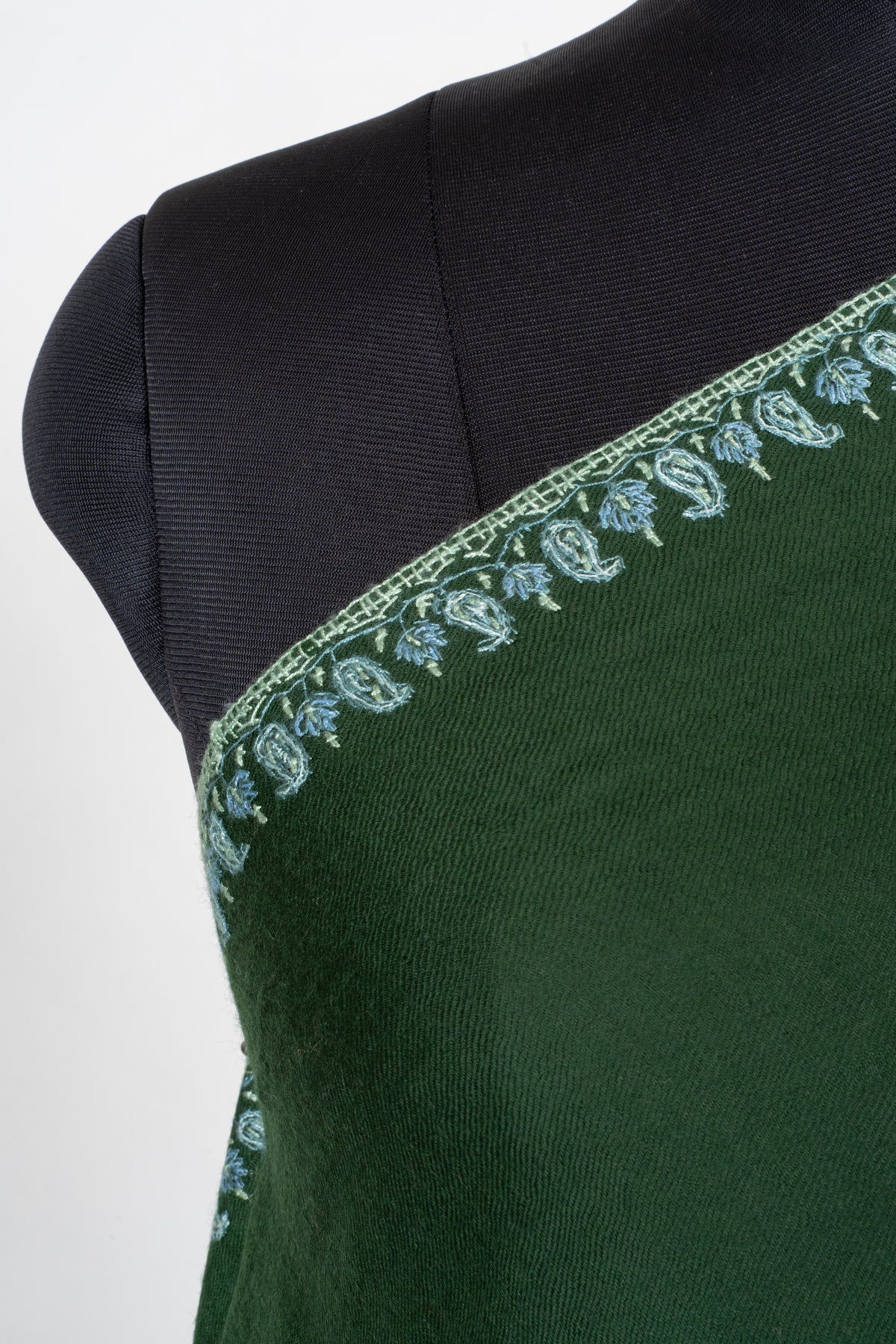 Forest Enchantment Fine Merino Wool Shawl with Ice Blue Sozni Hand Embroidered Paisley Borders