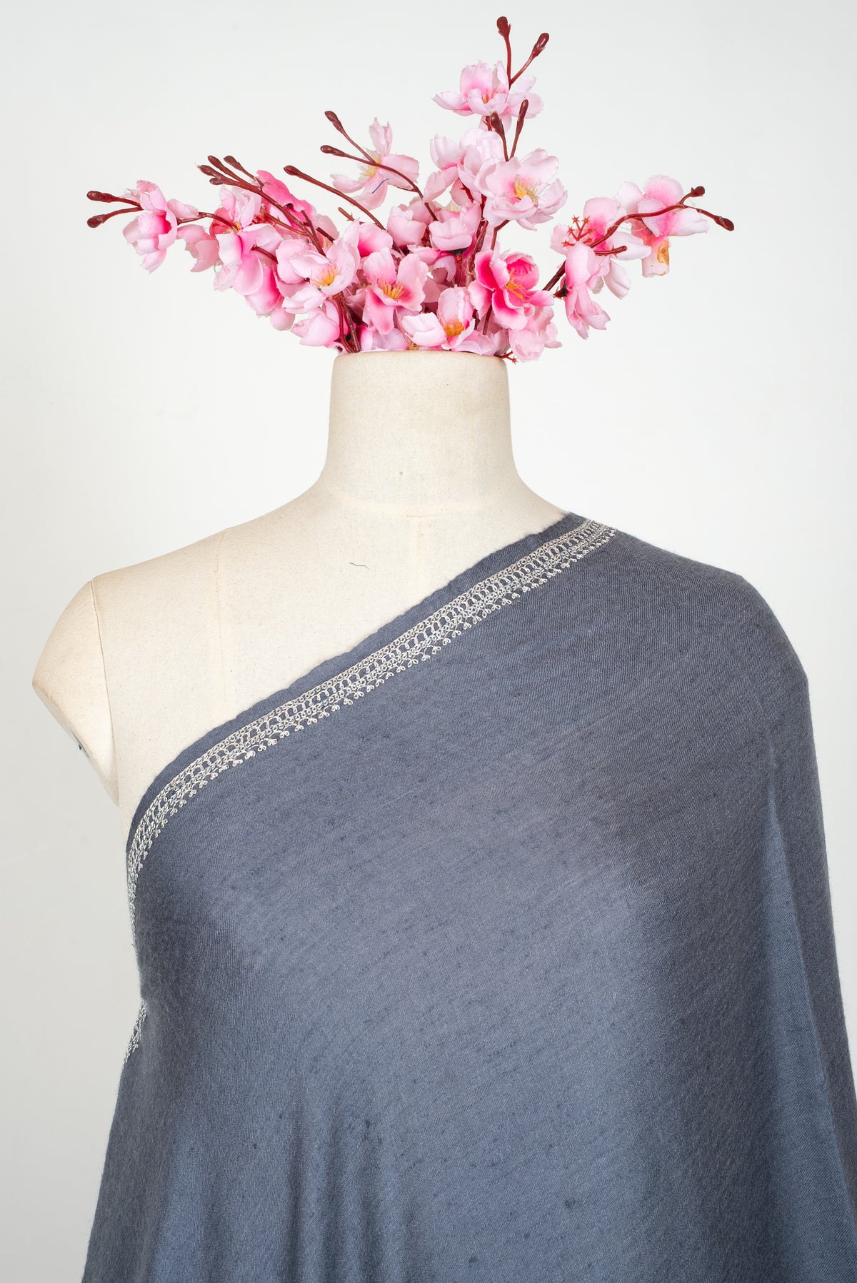 Silver Mist Elegance: Hand Tilla Embroidered Pure Pashmina Shawl