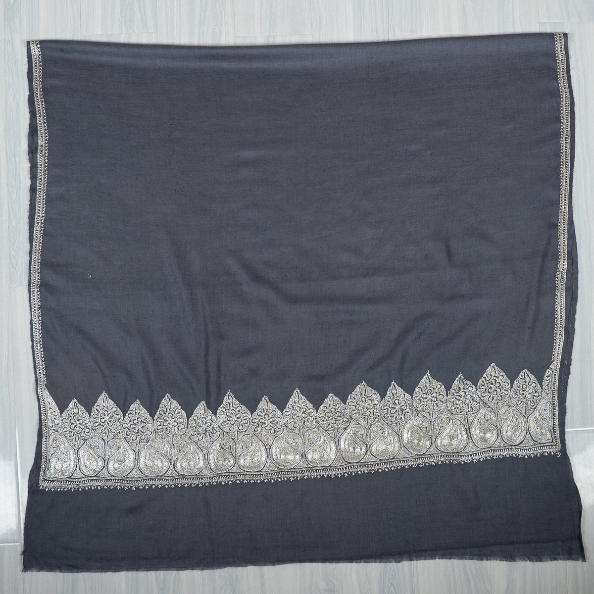 Silver Mist Elegance: Hand Tilla Embroidered Pure Pashmina Shawl