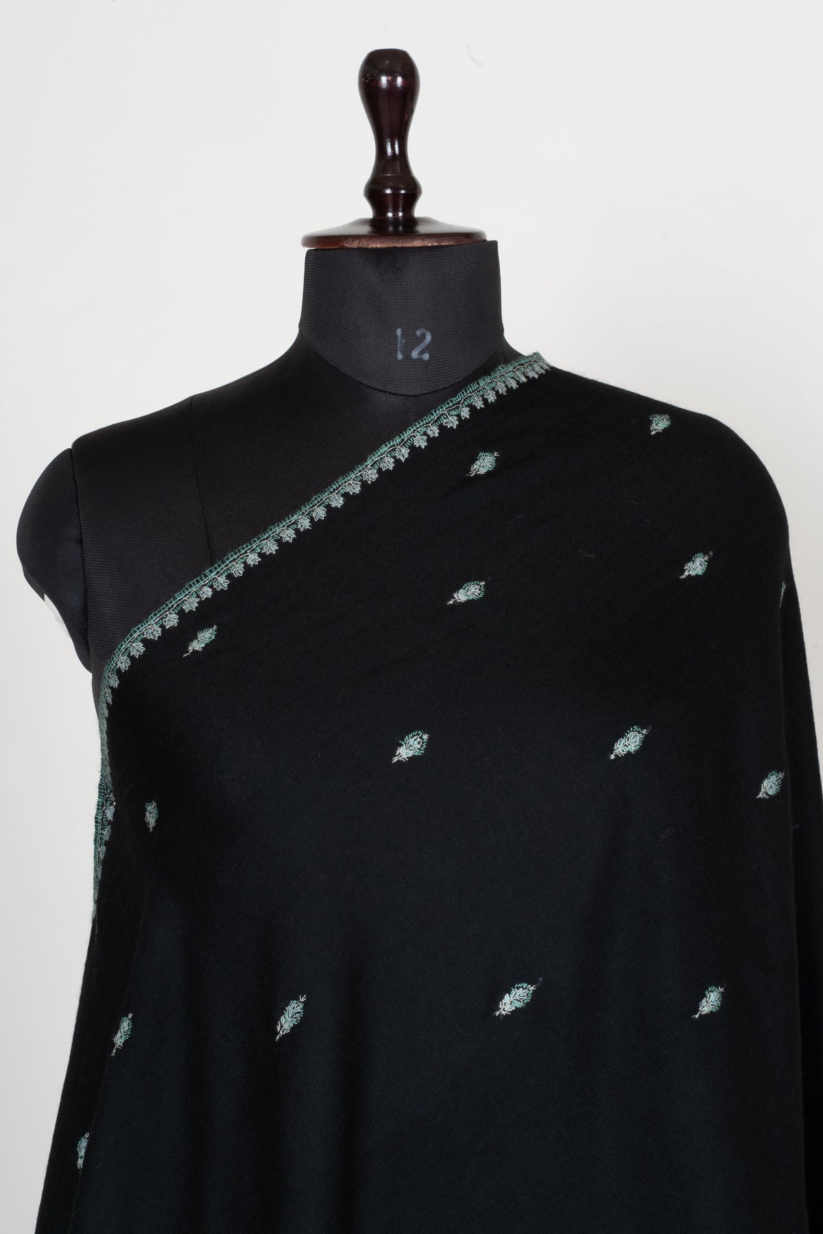 Midnight Mint Fine Merino Wool Shawl with Sozni Hand Embroidered Floral Sprigs