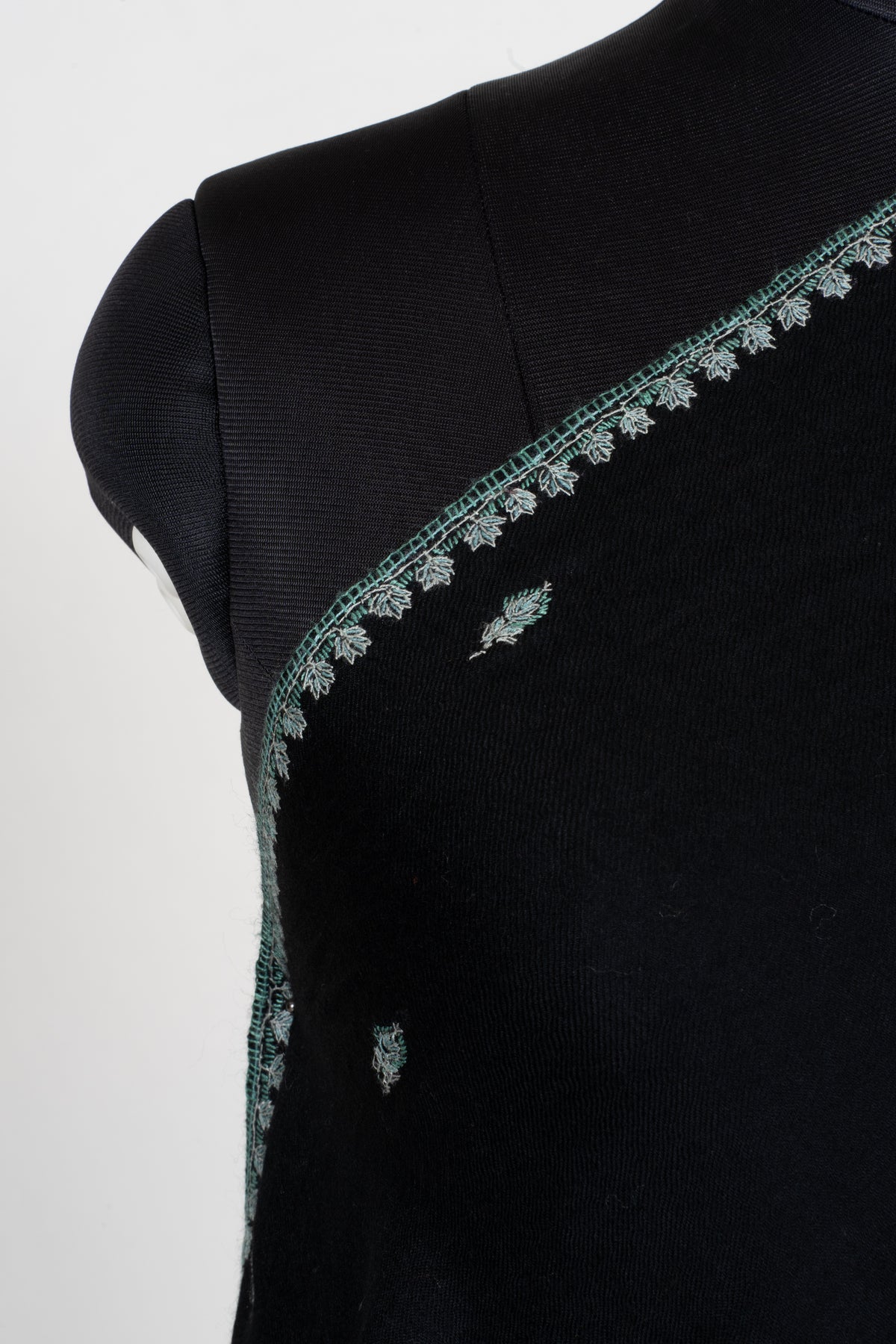 Midnight Mint Fine Merino Wool Shawl with Sozni Hand Embroidered Floral Sprigs