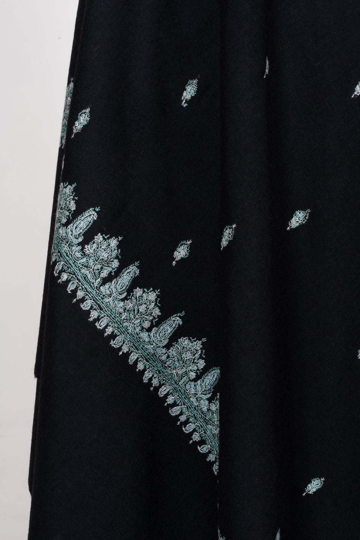 Midnight Mint Fine Merino Wool Shawl with Sozni Hand Embroidered Floral Sprigs
