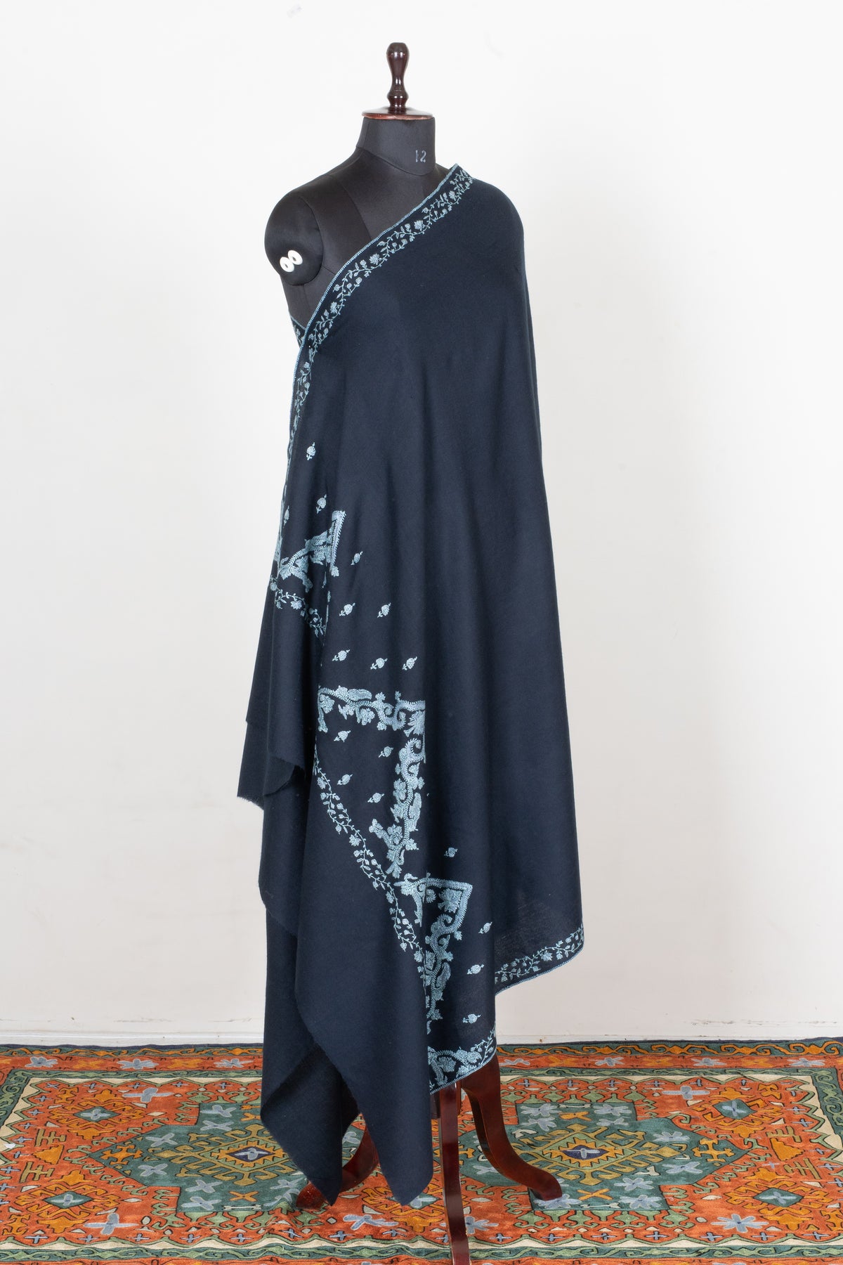 Midnight Frost Fine Merino Wool Shawl with Silver Blue Sozni Hand Embroidered Floral Borders