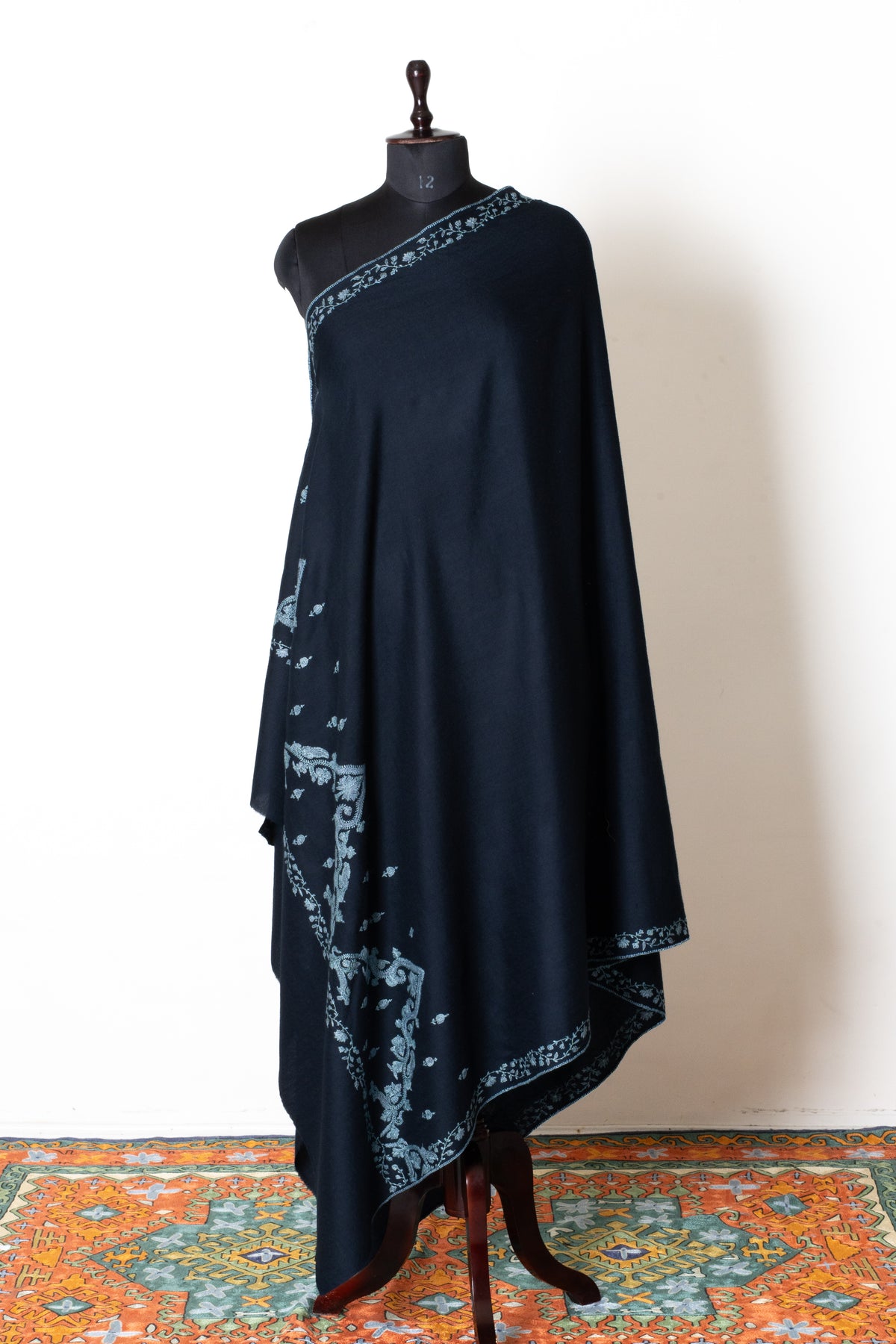Midnight Frost Fine Merino Wool Shawl with Silver Blue Sozni Hand Embroidered Floral Borders