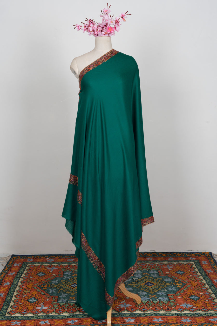 Emerald Court Classic: Merino wool 2.5 Yards Sozni Hand Embroidered Shawl