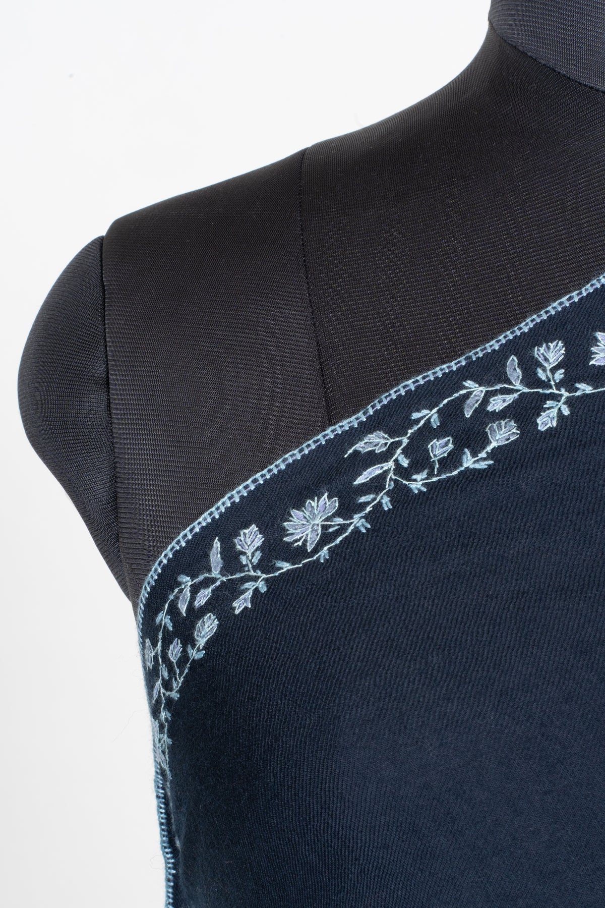 Midnight Frost Fine Merino Wool Shawl with Silver Blue Sozni Hand Embroidered Floral Borders