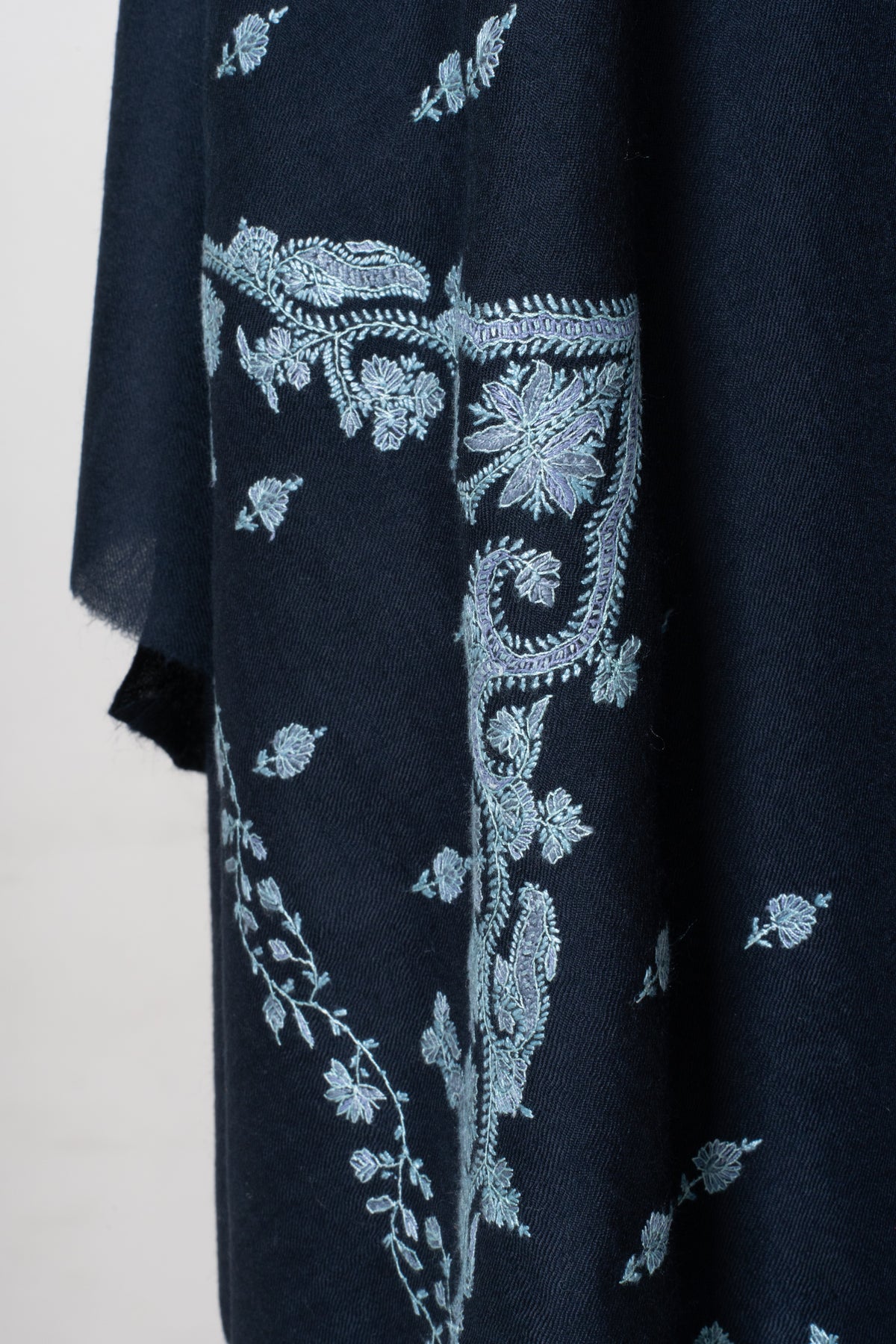 Midnight Frost Fine Merino Wool Shawl with Silver Blue Sozni Hand Embroidered Floral Borders