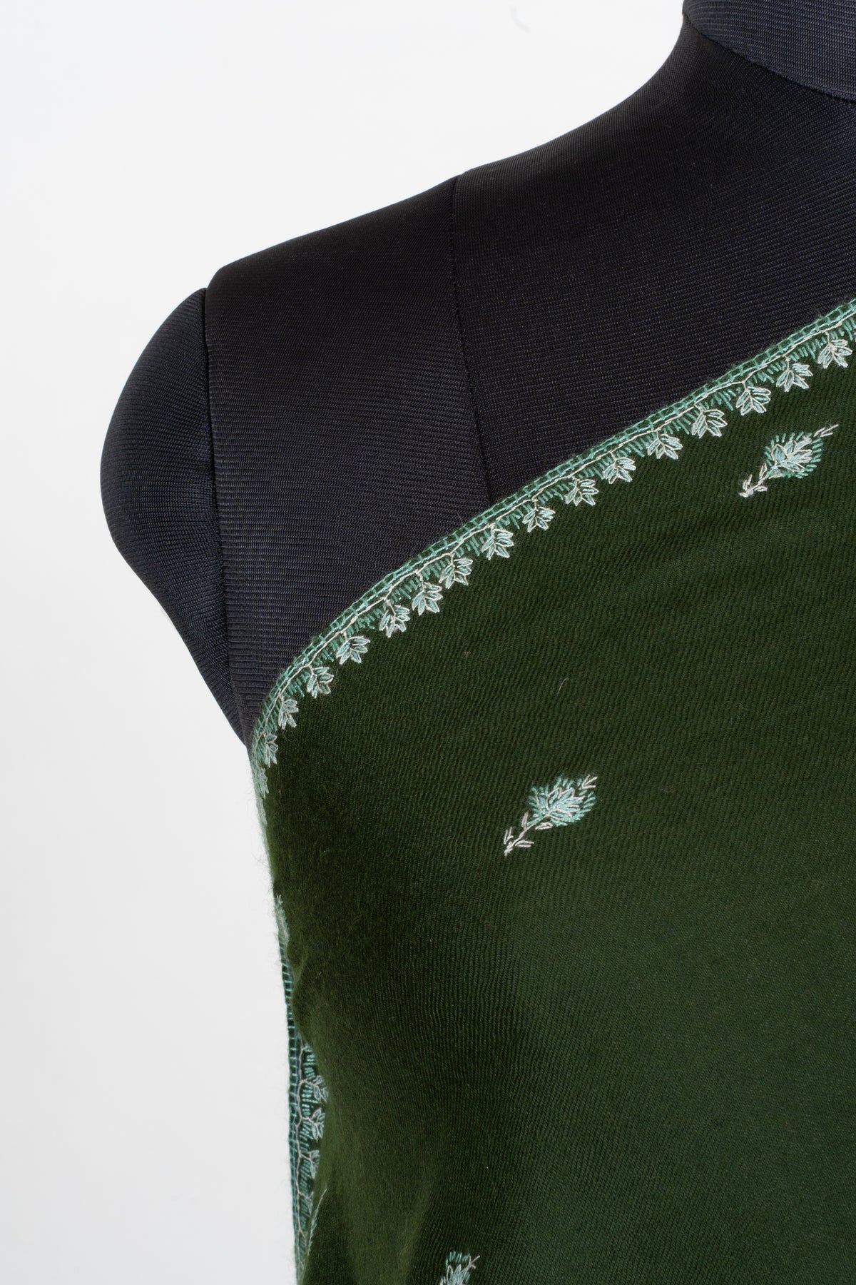 Evergreen Mist Fine Merino Wool Shawl with Mint Sozni Hand Embroidered Floral Accents