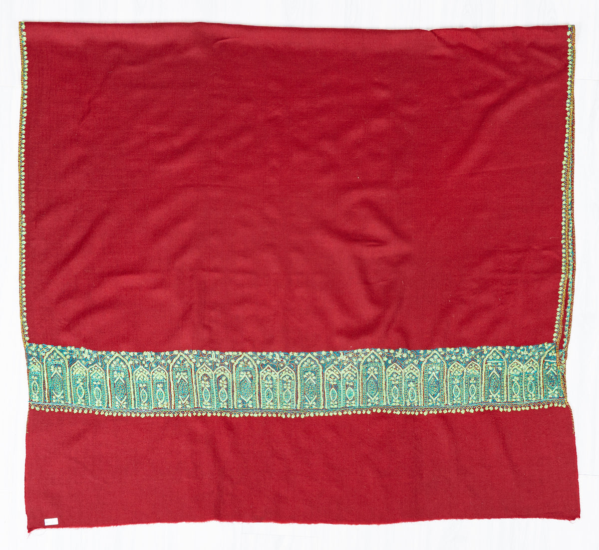 Ruby Lagoon Fine Merino Wool Shawl with Turquoise Sozni Hand Embroidered Paisley Border