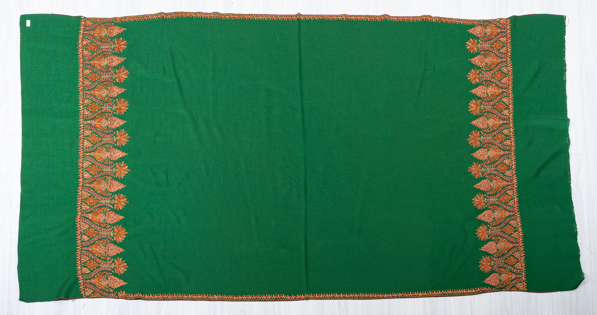 Emerald Ember Fine Merino Wool Shawl with Copper Sozni Hand Embroidered Floral Paisleys