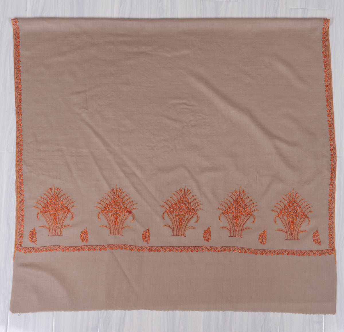 Sandstone Autumn Fine Merino Wool Shawl with Rust Sozni Hand Embroidered Botanical Sprigs