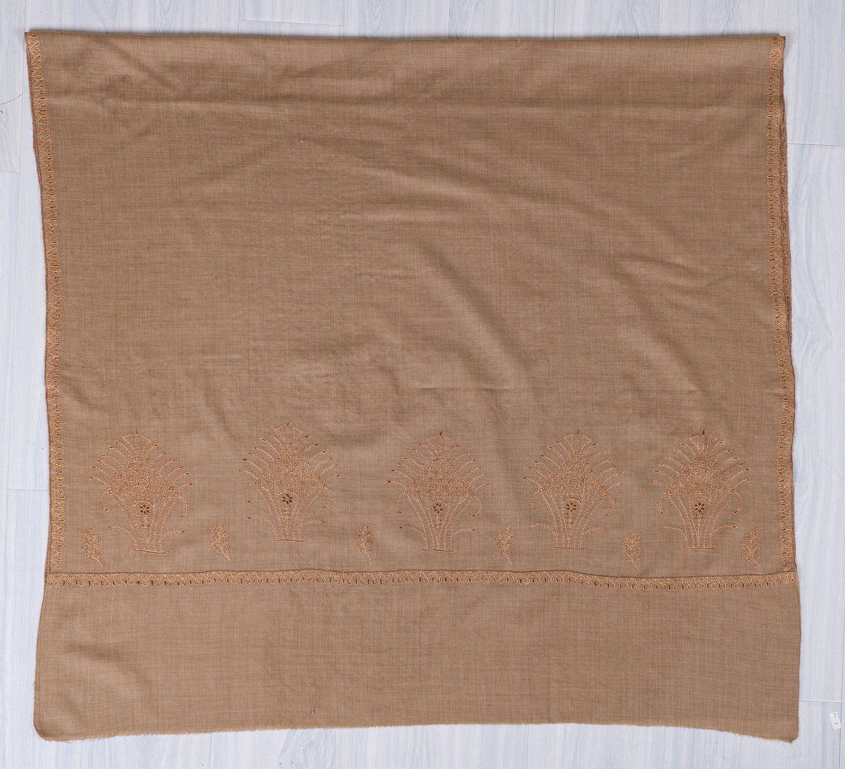 Sand Dune Elegance Fine Merino Wool Shawl with Tonal Sozni Hand Embroidered Botanical Motifs