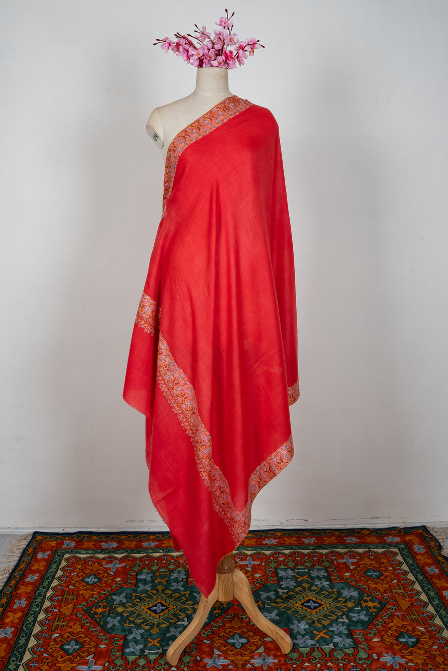 Scarlet Ember Grace: Pure Pashmina Hand Embroidered Shawl