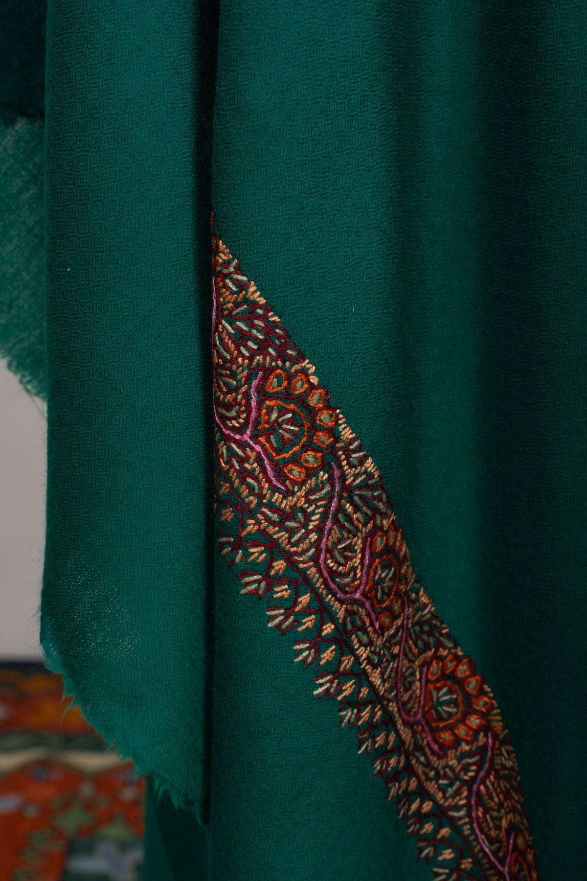 Emerald Court Classic: Merino wool 2.5 Yards Sozni Hand Embroidered Shawl