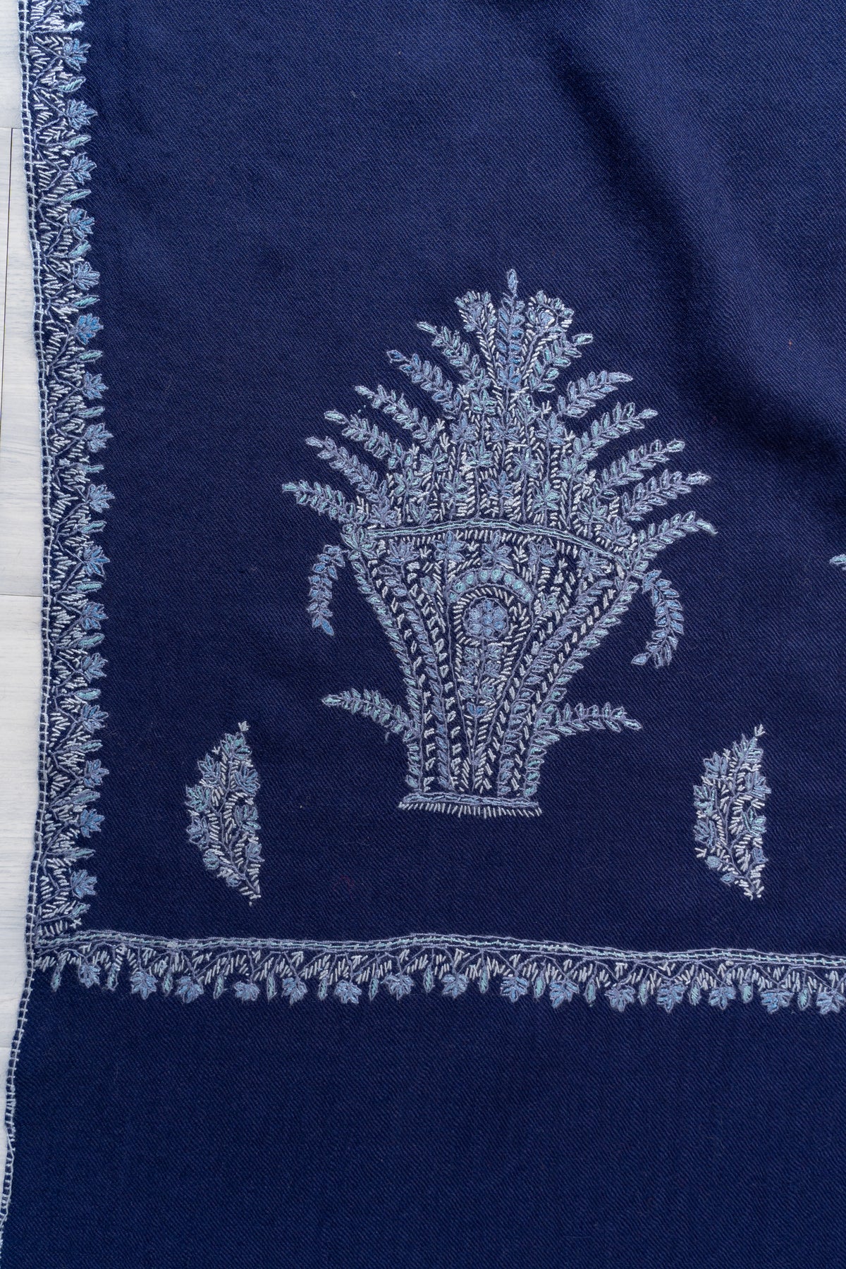 Sapphire Frost Fine Merino Wool Shawl with Silver Blue Sozni Hand Embroidered Ferns