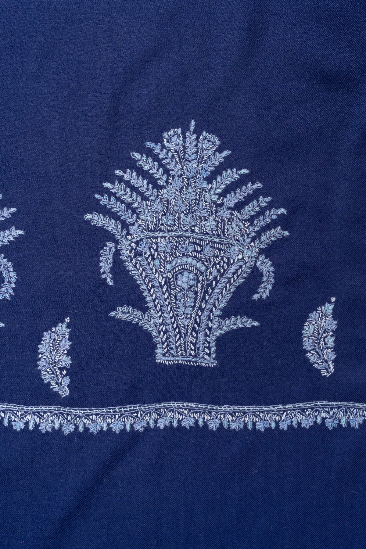 Sapphire Frost Fine Merino Wool Shawl with Silver Blue Sozni Hand Embroidered Ferns