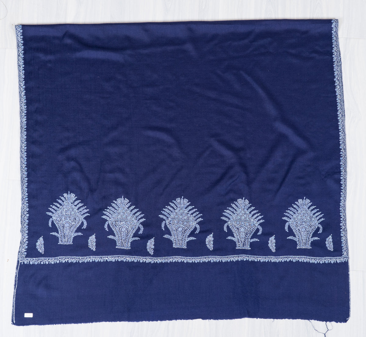 Sapphire Frost Fine Merino Wool Shawl with Silver Blue Sozni Hand Embroidered Ferns