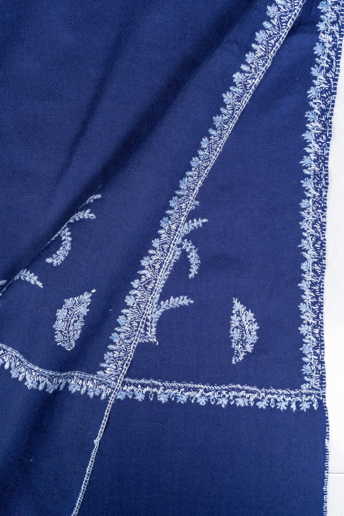 Sapphire Frost Fine Merino Wool Shawl with Silver Blue Sozni Hand Embroidered Ferns