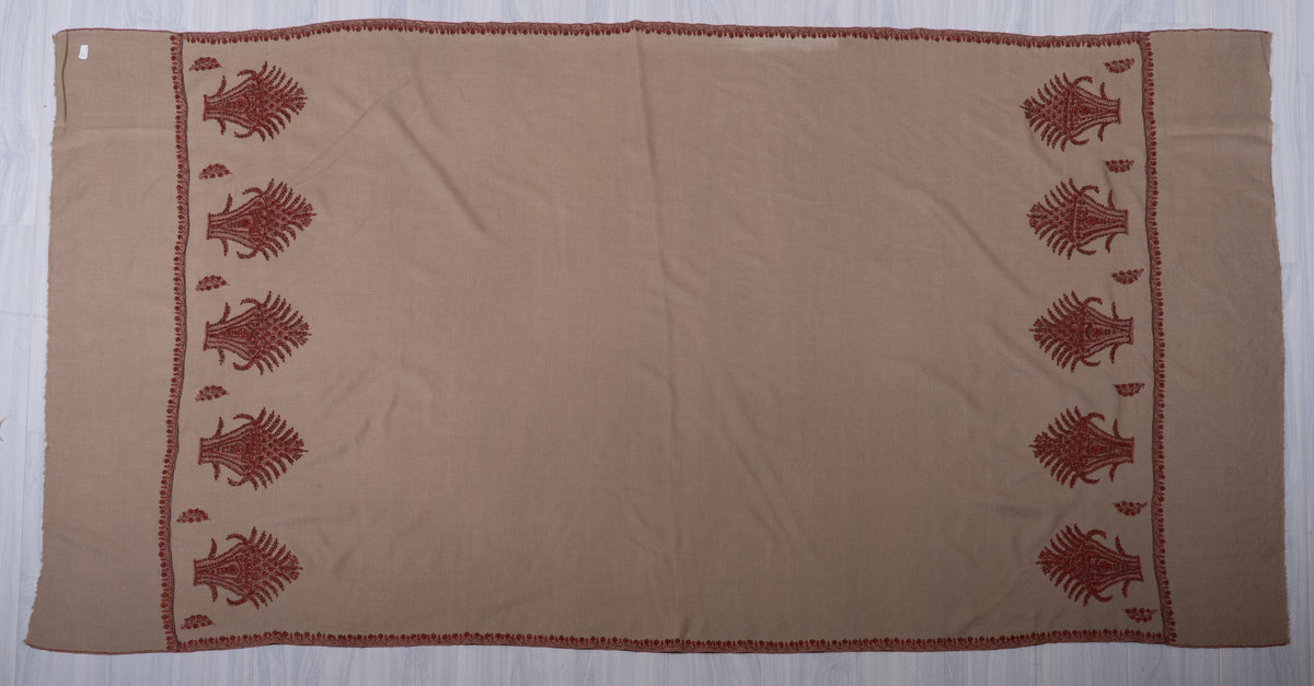 Cinnamon Sand Fine Merino Wool Shawl with Rust Sozni Hand Embroidered Fern Motifs