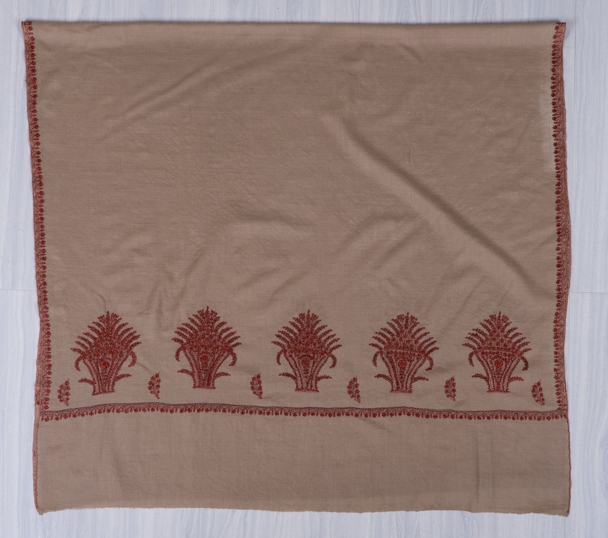 Cinnamon Sand Fine Merino Wool Shawl with Rust Sozni Hand Embroidered Fern Motifs