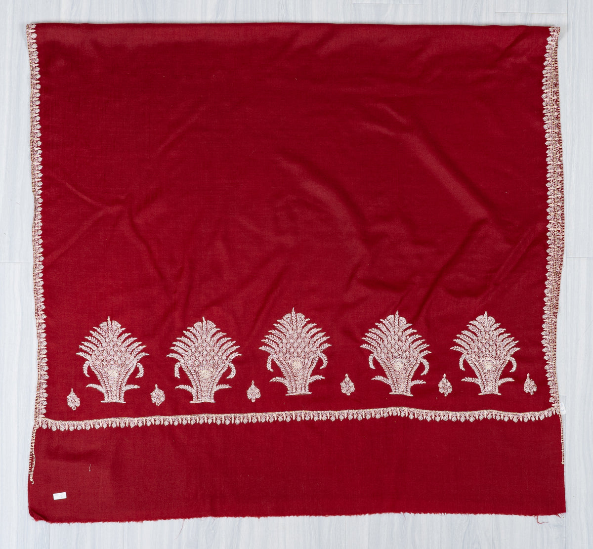 Crimson Ivory Fine Merino Wool Shawl with Sozni Hand Embroidered Fern Leaf Patterns