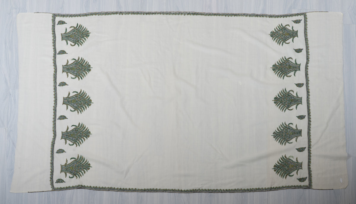 Ivory Evergreen Fine Merino Wool Shawl with Olive Green Sozni Hand Embroidered Fern Motifs