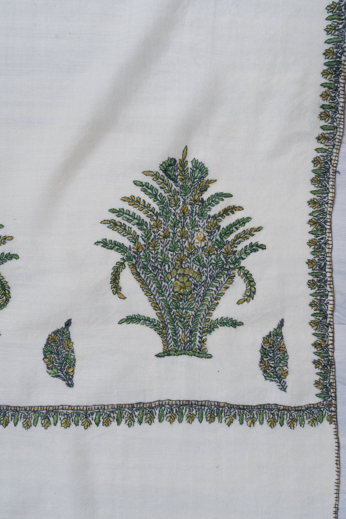 Ivory Evergreen Fine Merino Wool Shawl with Olive Green Sozni Hand Embroidered Fern Motifs