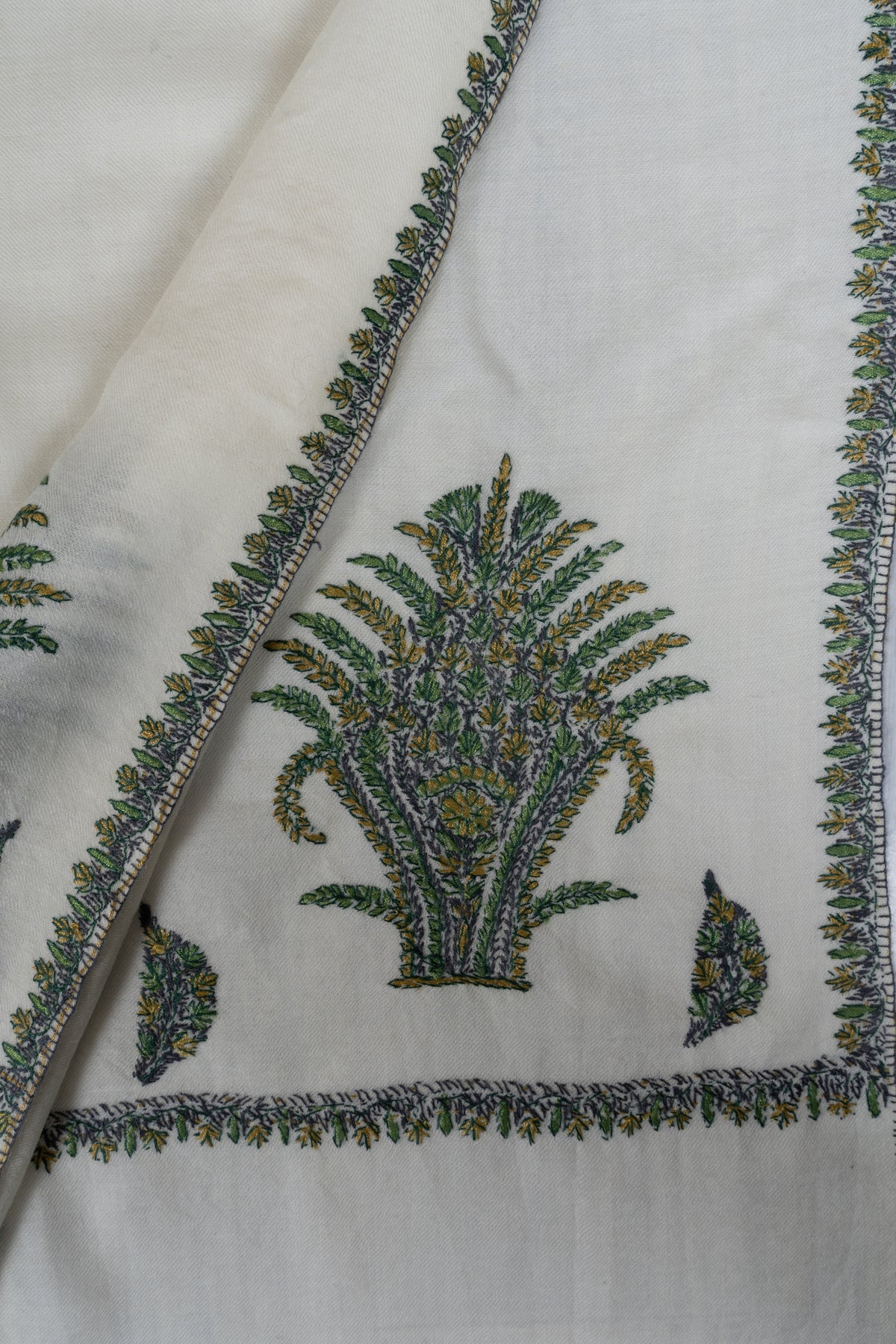 Ivory Evergreen Fine Merino Wool Shawl with Olive Green Sozni Hand Embroidered Fern Motifs