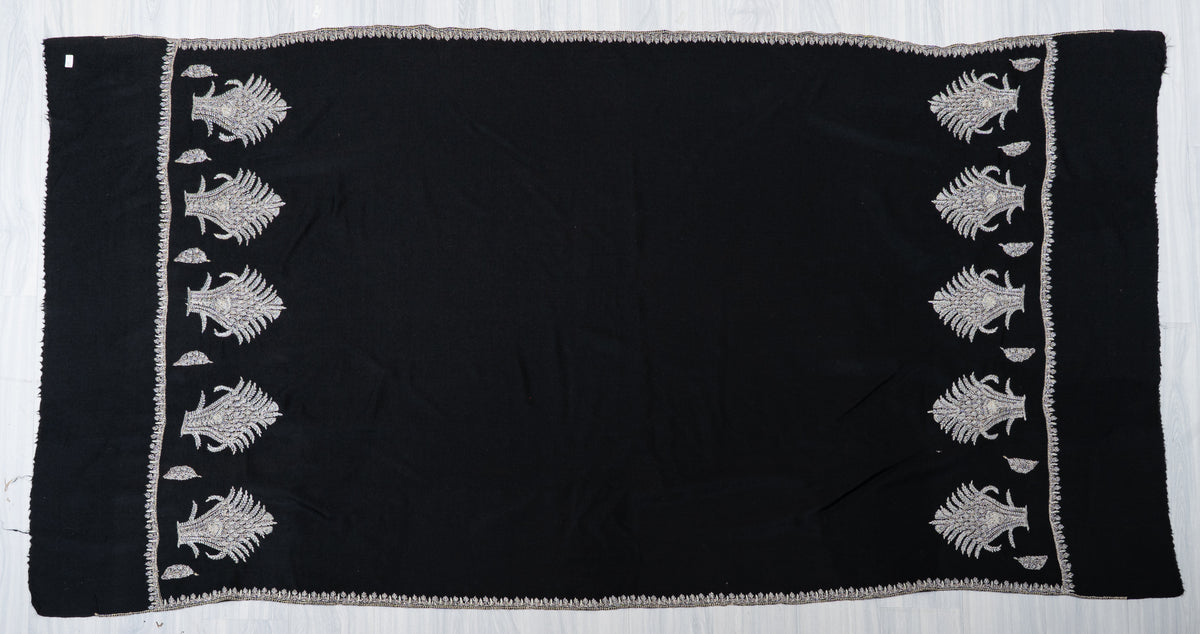 Midnight Silver Fern Fine Merino Wool Shawl with Sozni Hand Embroidered Botanical Motifs