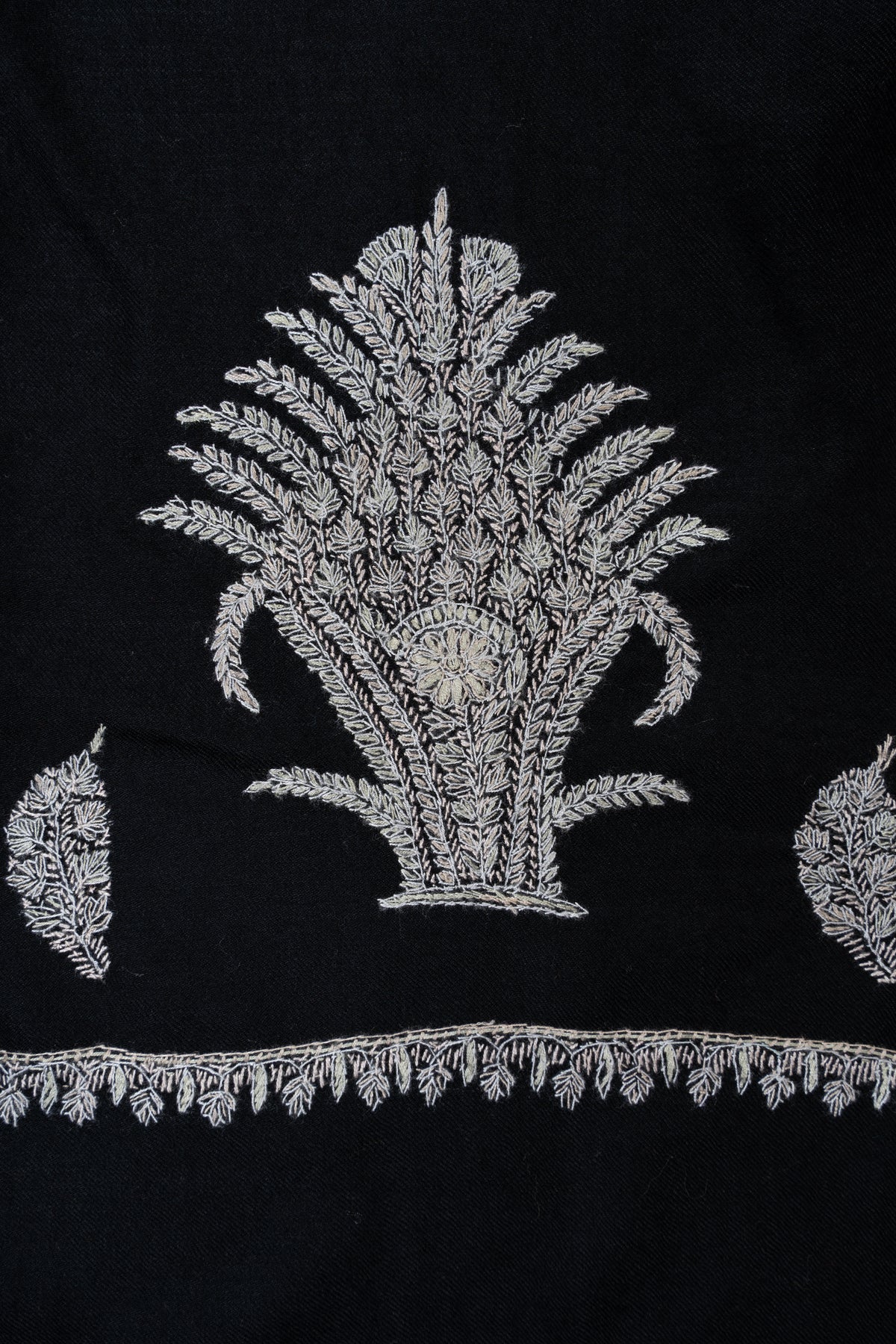 Midnight Silver Fern Fine Merino Wool Shawl with Sozni Hand Embroidered Botanical Motifs