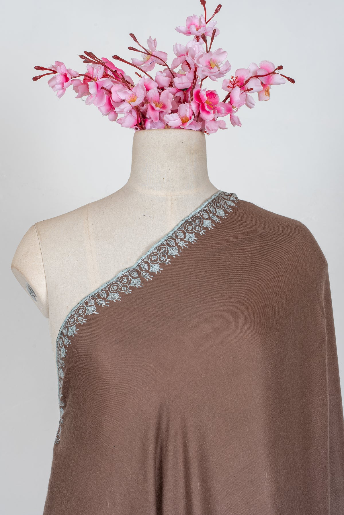 3 Yards Mocha Silver Bloom: Pure Pashmina Hand Embroidered Shawl