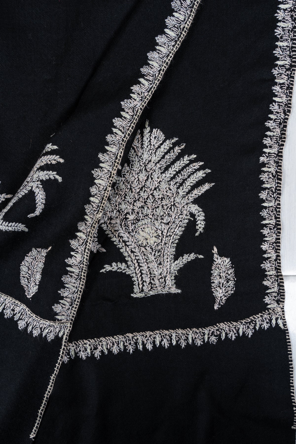 Midnight Silver Fern Fine Merino Wool Shawl with Sozni Hand Embroidered Botanical Motifs
