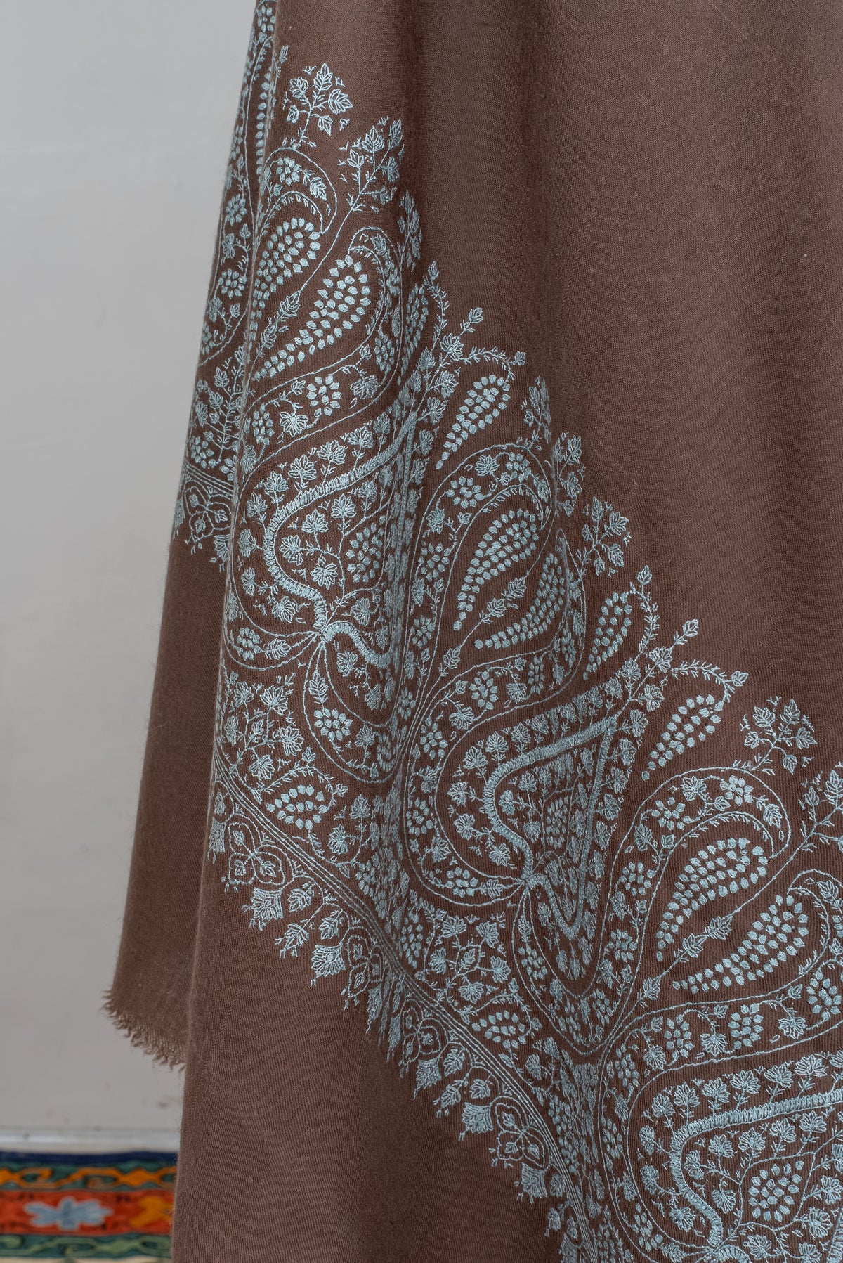 3 Yards Mocha Silver Bloom: Pure Pashmina Hand Embroidered Shawl