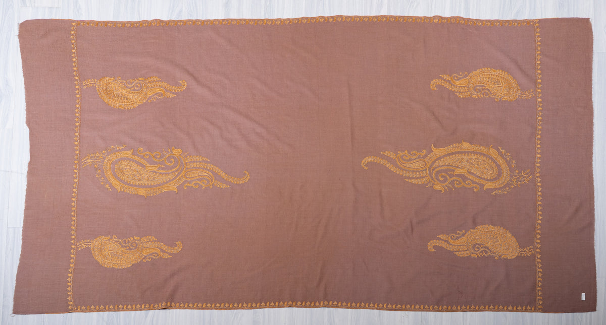 Rosewood Gold Fine Merino Wool Shawl with Sozni Hand Embroidered Ornamental Paisleys