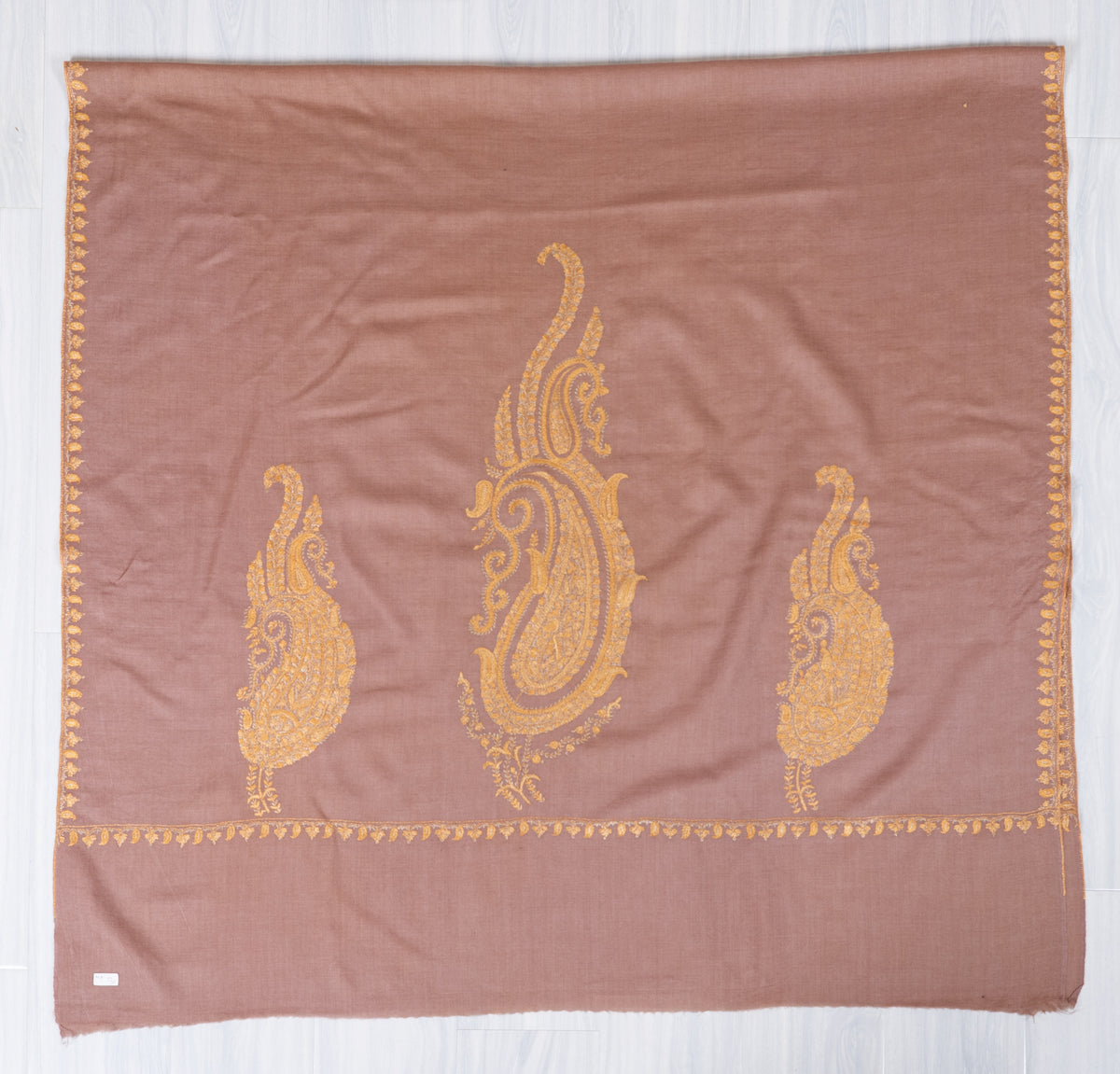 Rosewood Gold Fine Merino Wool Shawl with Sozni Hand Embroidered Ornamental Paisleys
