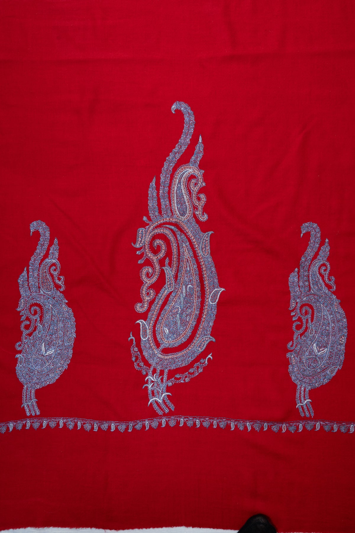 Scarlet Silver Splendor Fine Merino Wool Shawl with Sozni Hand Embroidered Paisley Motifs